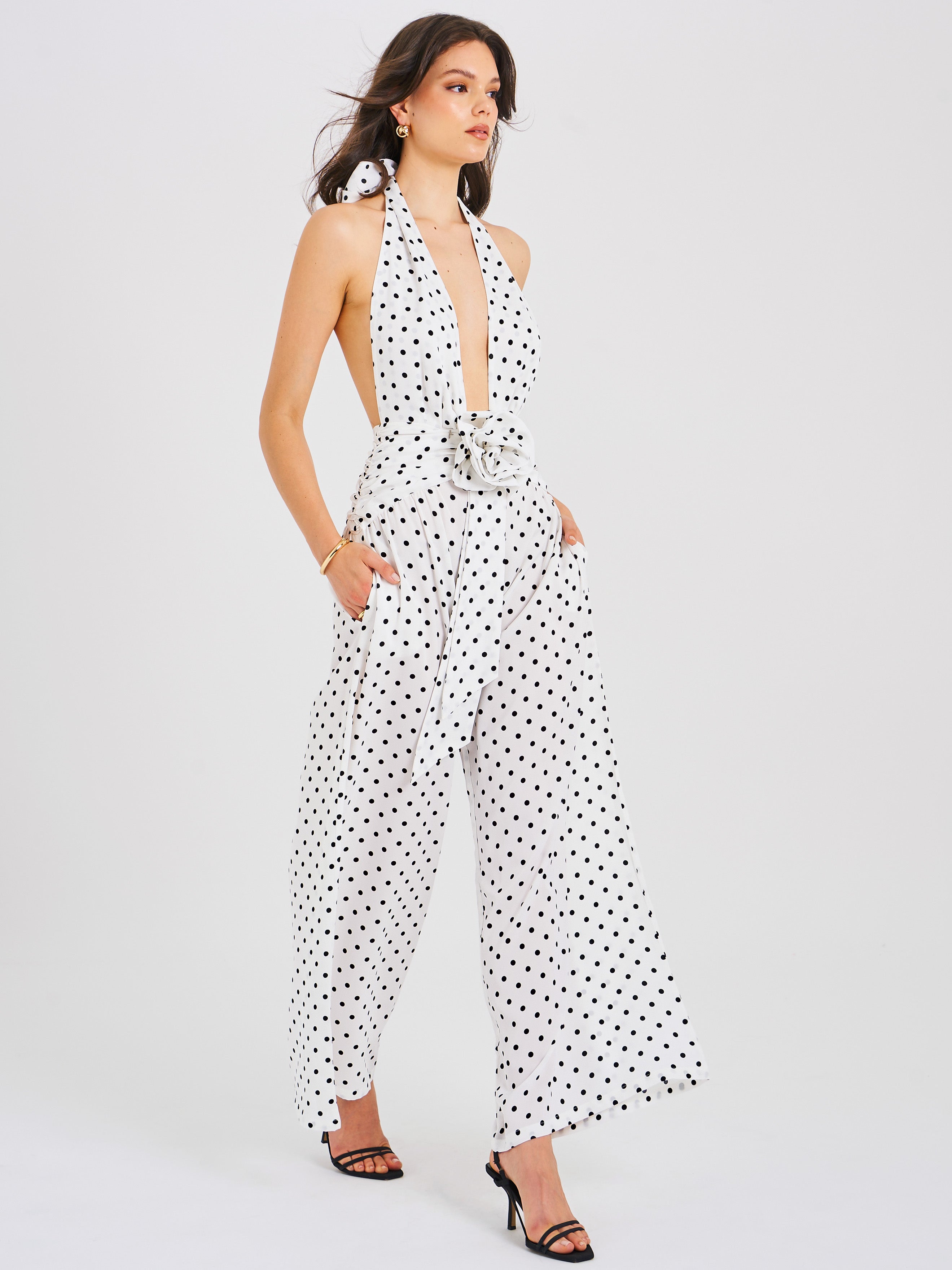 Oriana White Polka Dots Halter Jumpsuit