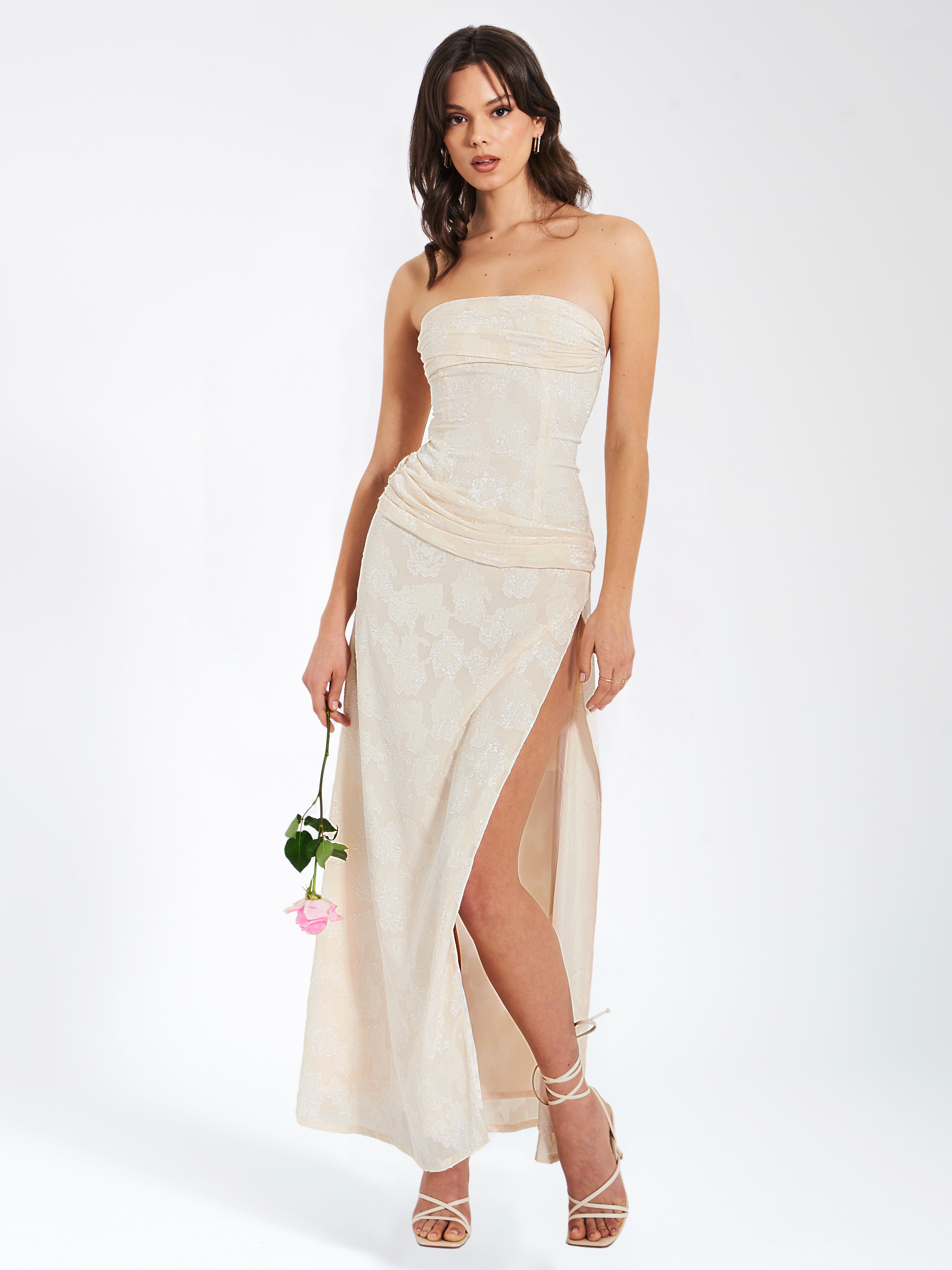 Xatia Off White Jacquard Textured High Slit Maxi Dress