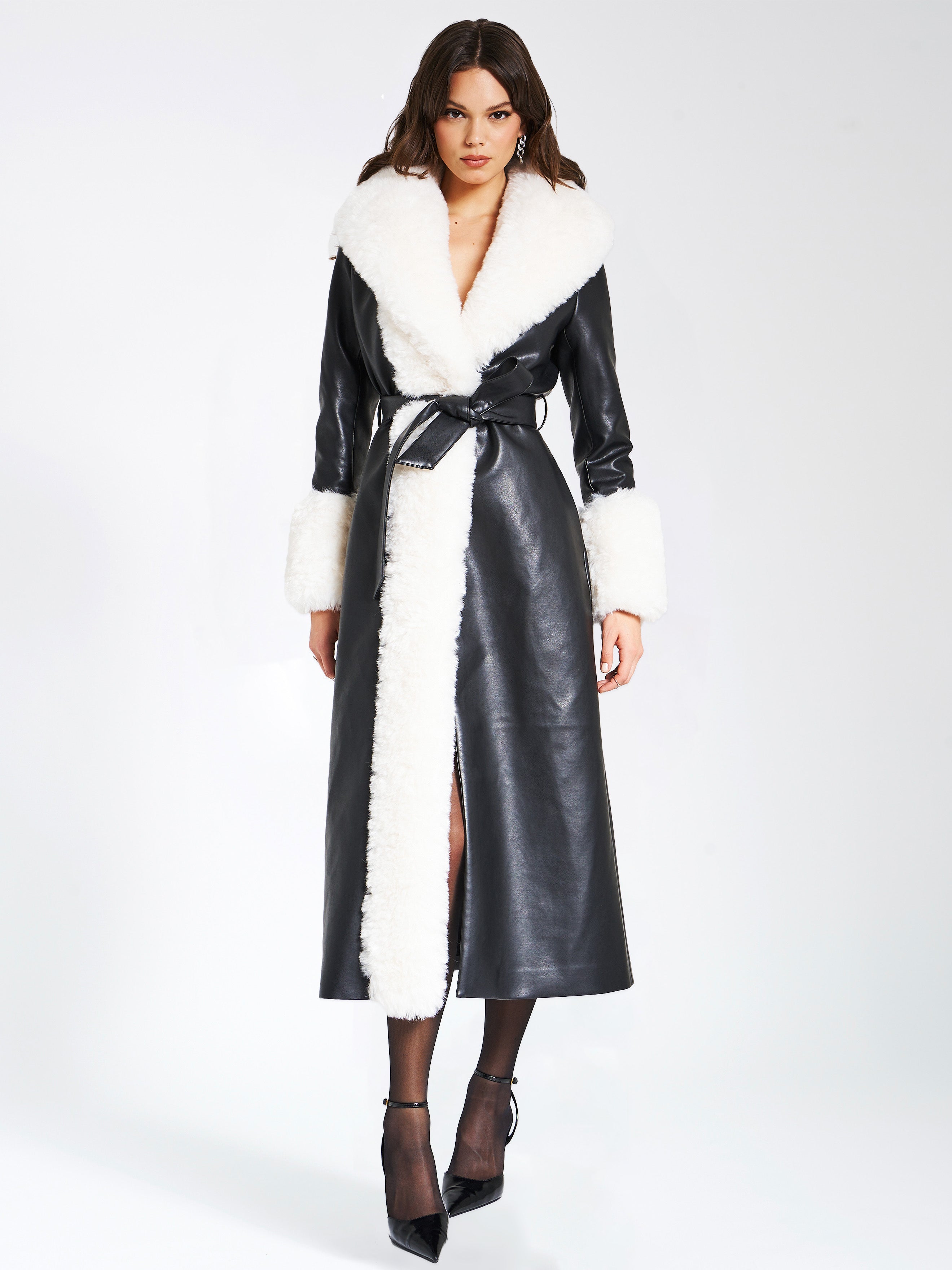 Zaida White Vegan Fur Trim Black Vegan Leather Coat