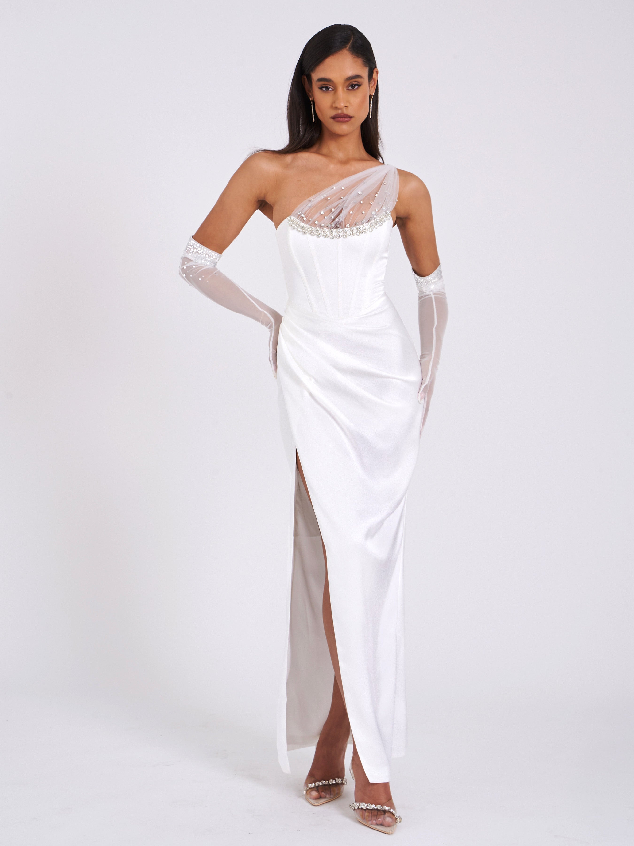 Lora White Crystal Embellished Mesh Satin Corset Gown Lora White Crystal Embellished Mesh Satin Corset Gown