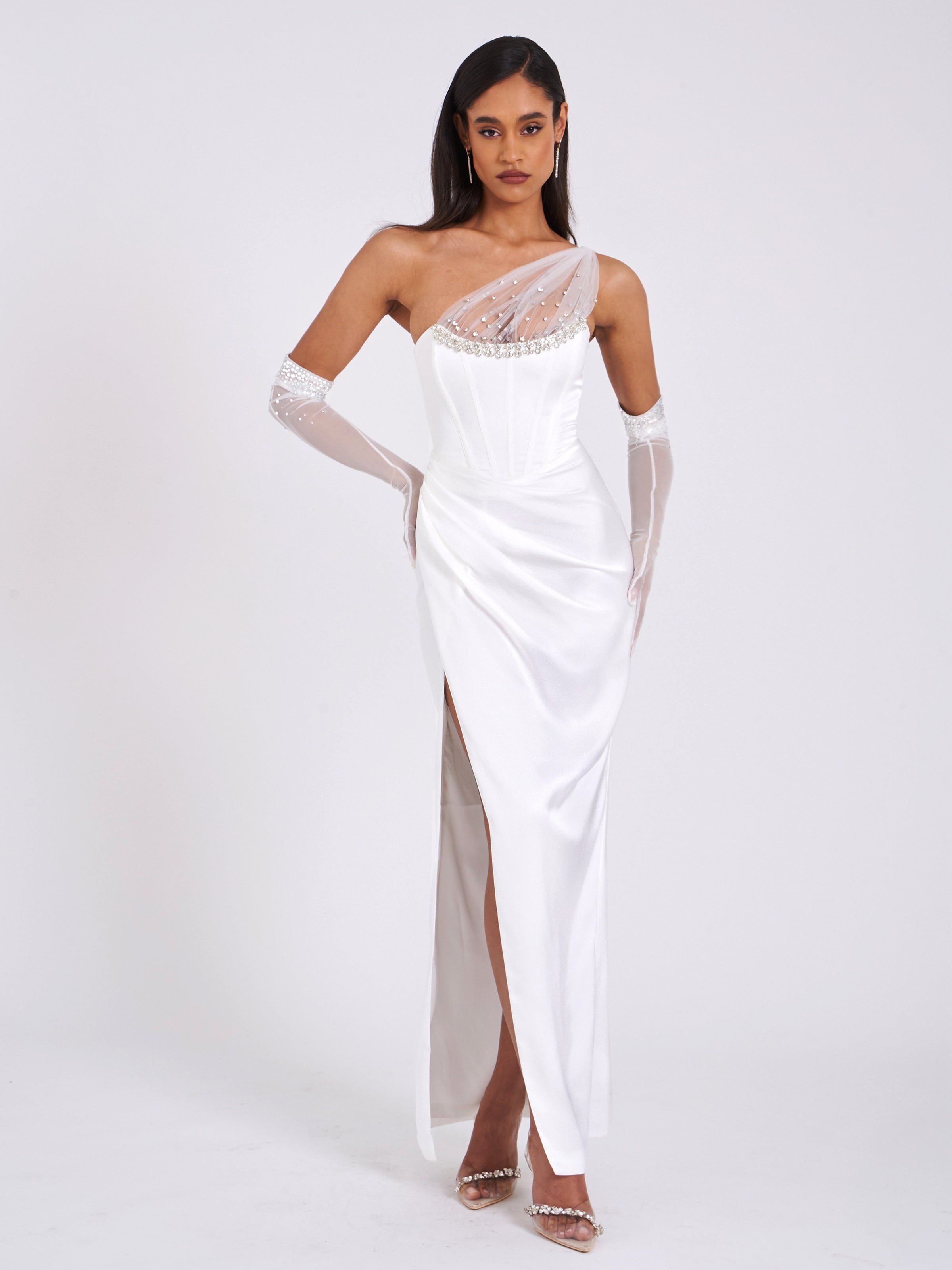 SABRINA WHITE MESH SATIN CORSET DRESS