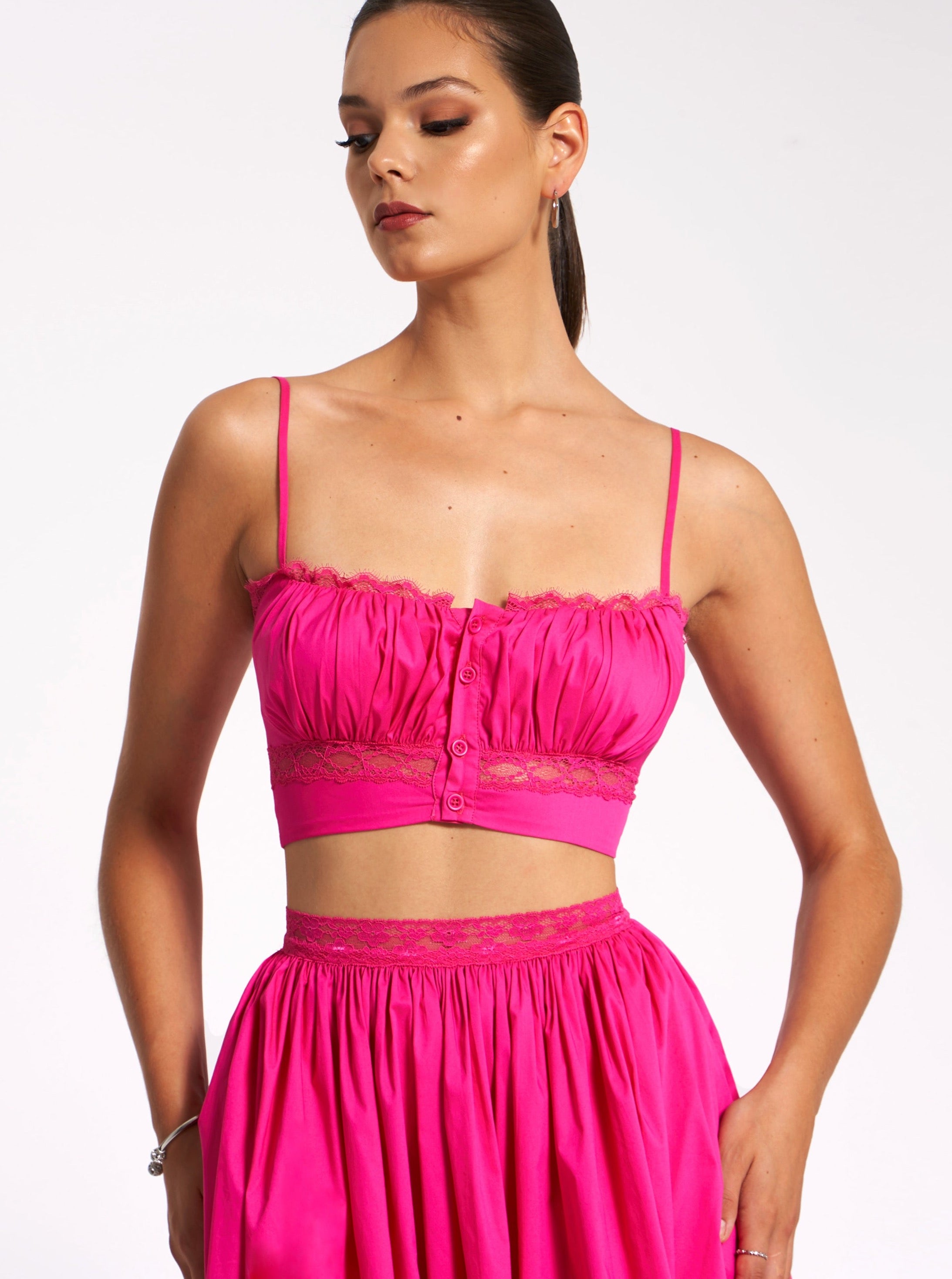 Maya Fuchsia Cotton Poplin Top With Lace Trim