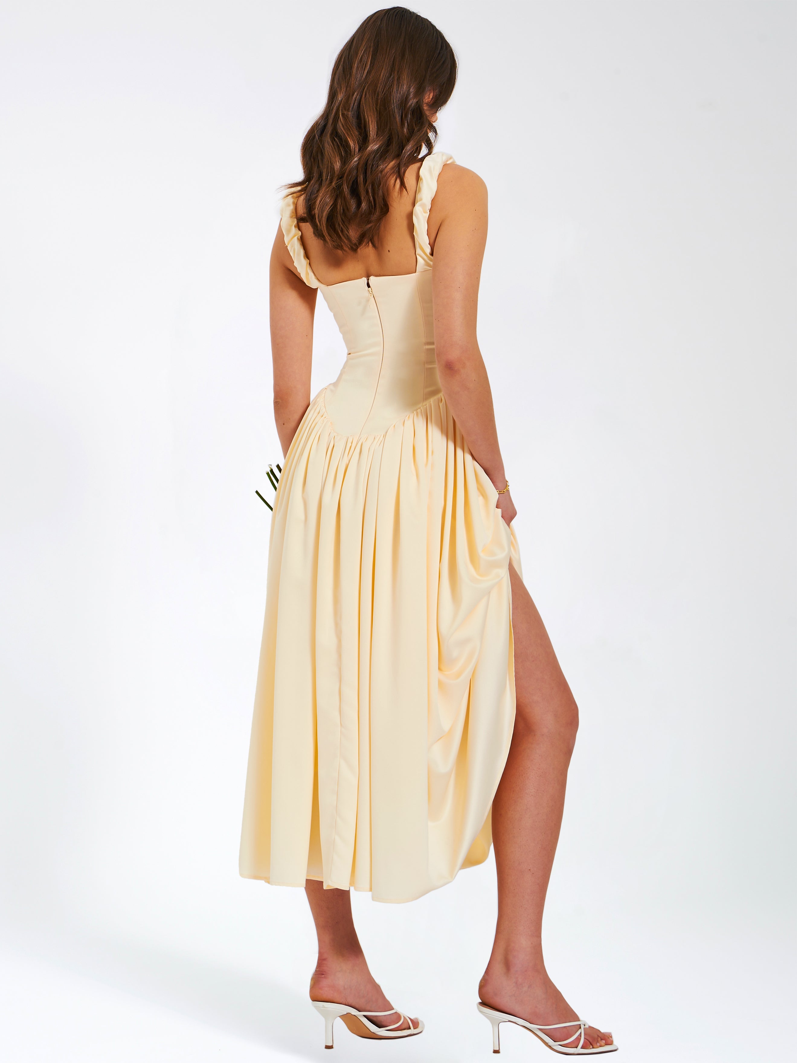 Noreen Egg White Satin Drop Waist Maxi Sundress