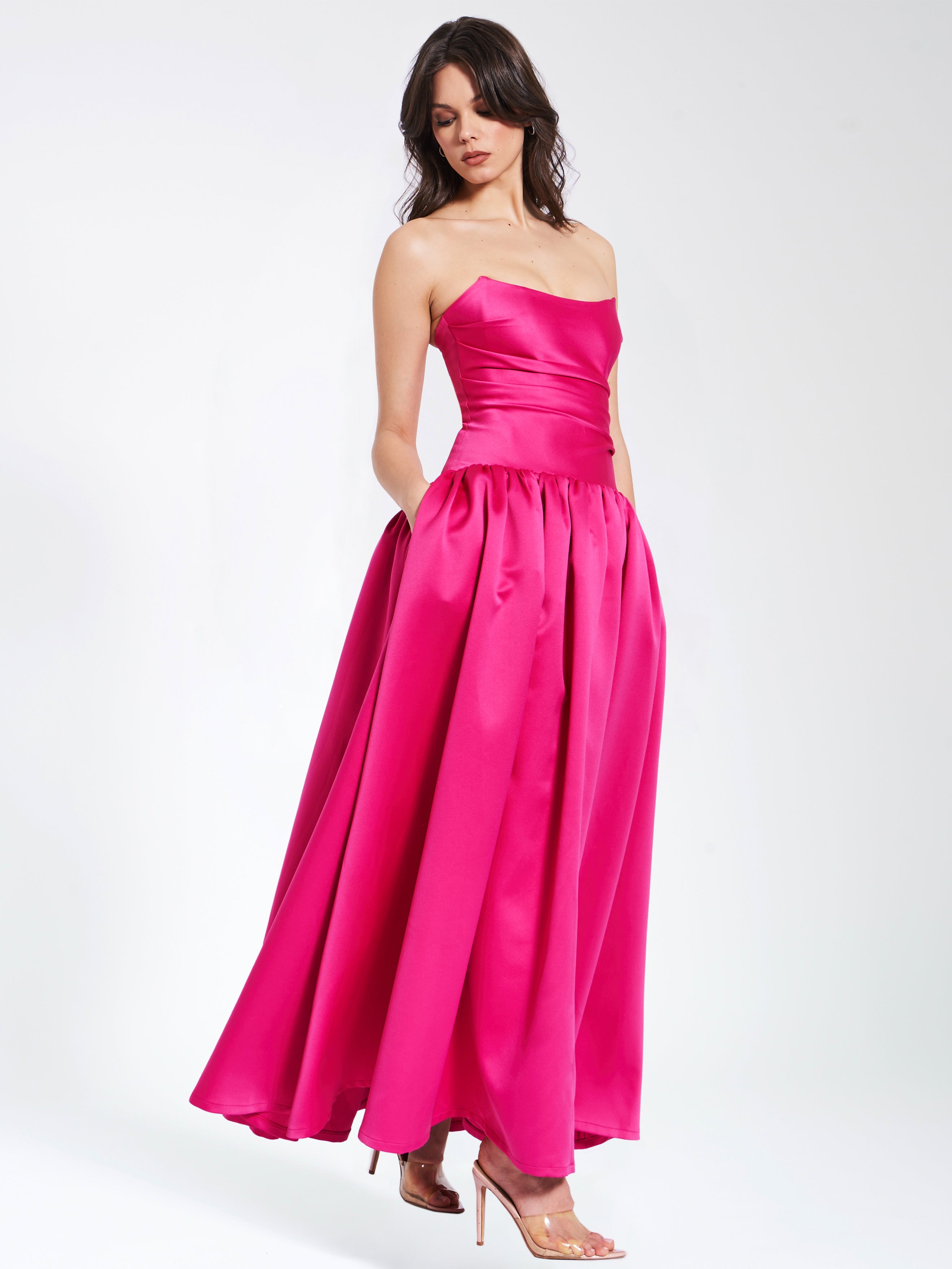 Walterina Fuchsia Satin Strapless Drop Waist Corset Gown