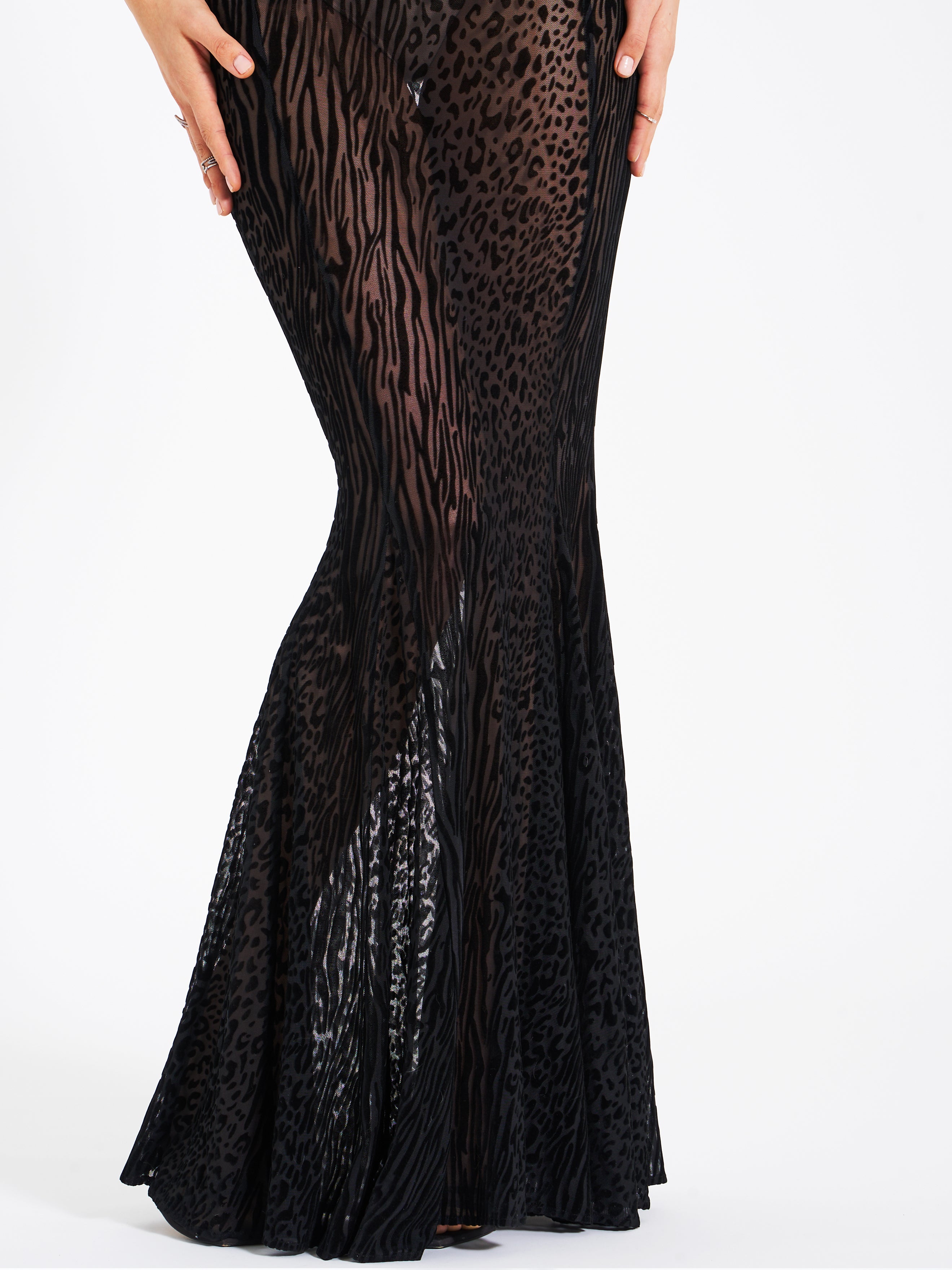 Ulani Black Burnout Velvet Detail Mesh Maxi Dress