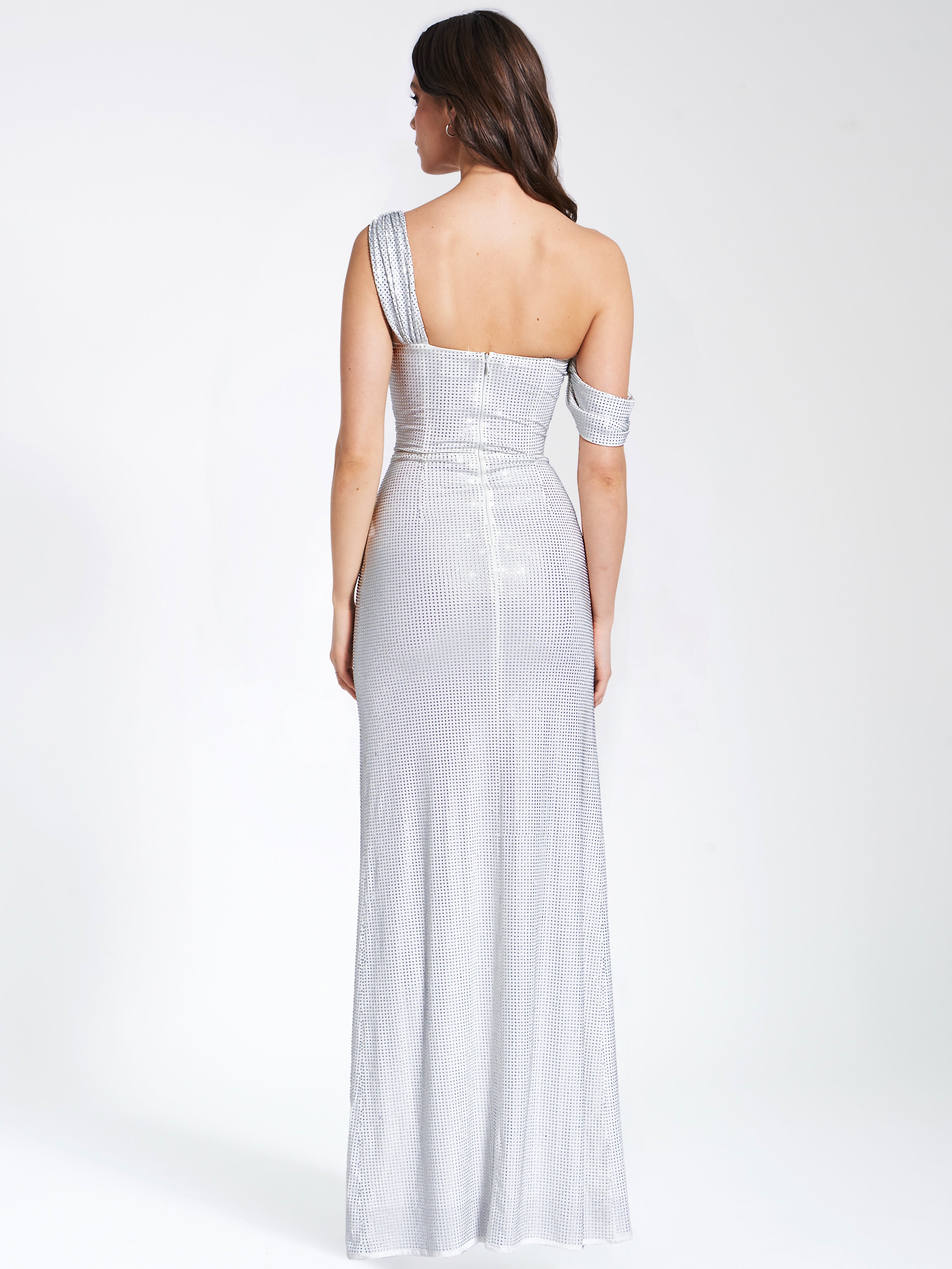 Paget White Mesh Rhinestone Embellished High Slit Gown