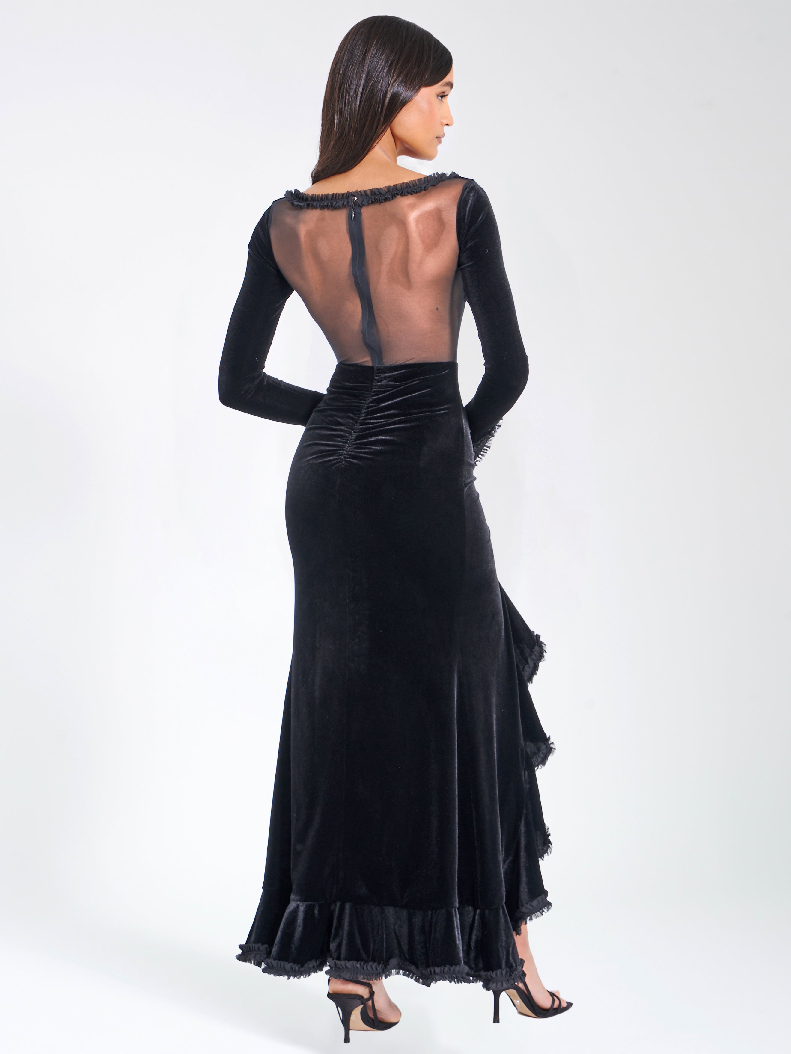 Maeve Black Velvet and Mesh Long Sleeve Maxi Dress