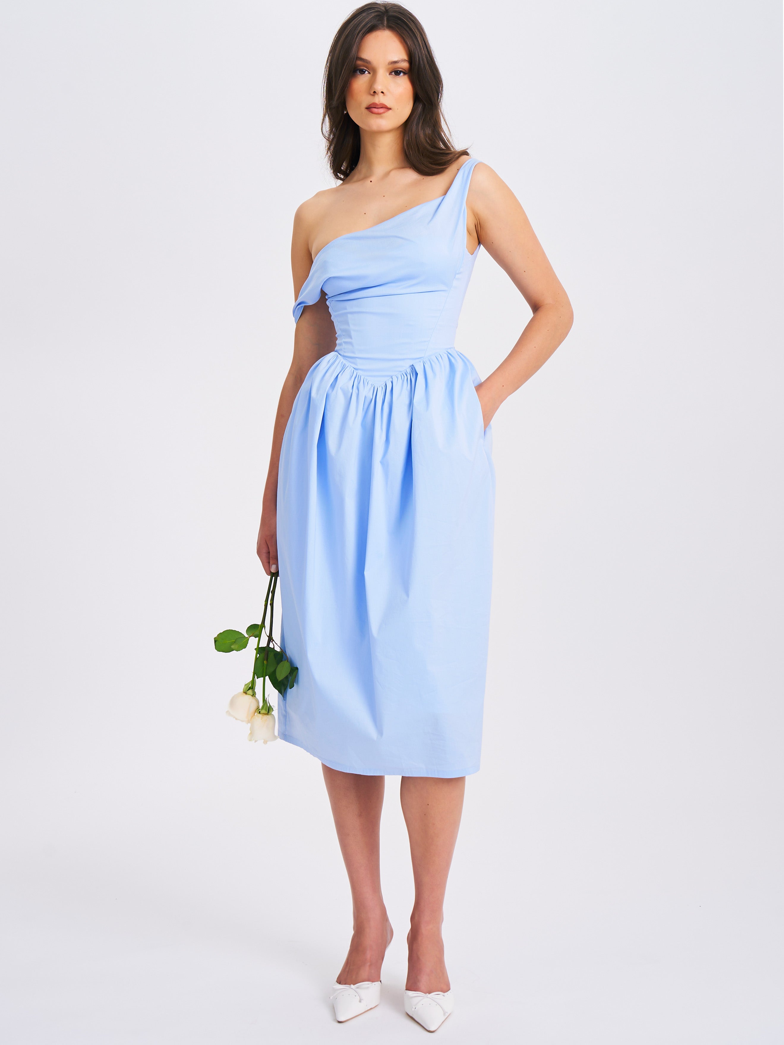 Reina Blue Drop Waist Corset Midi Dress