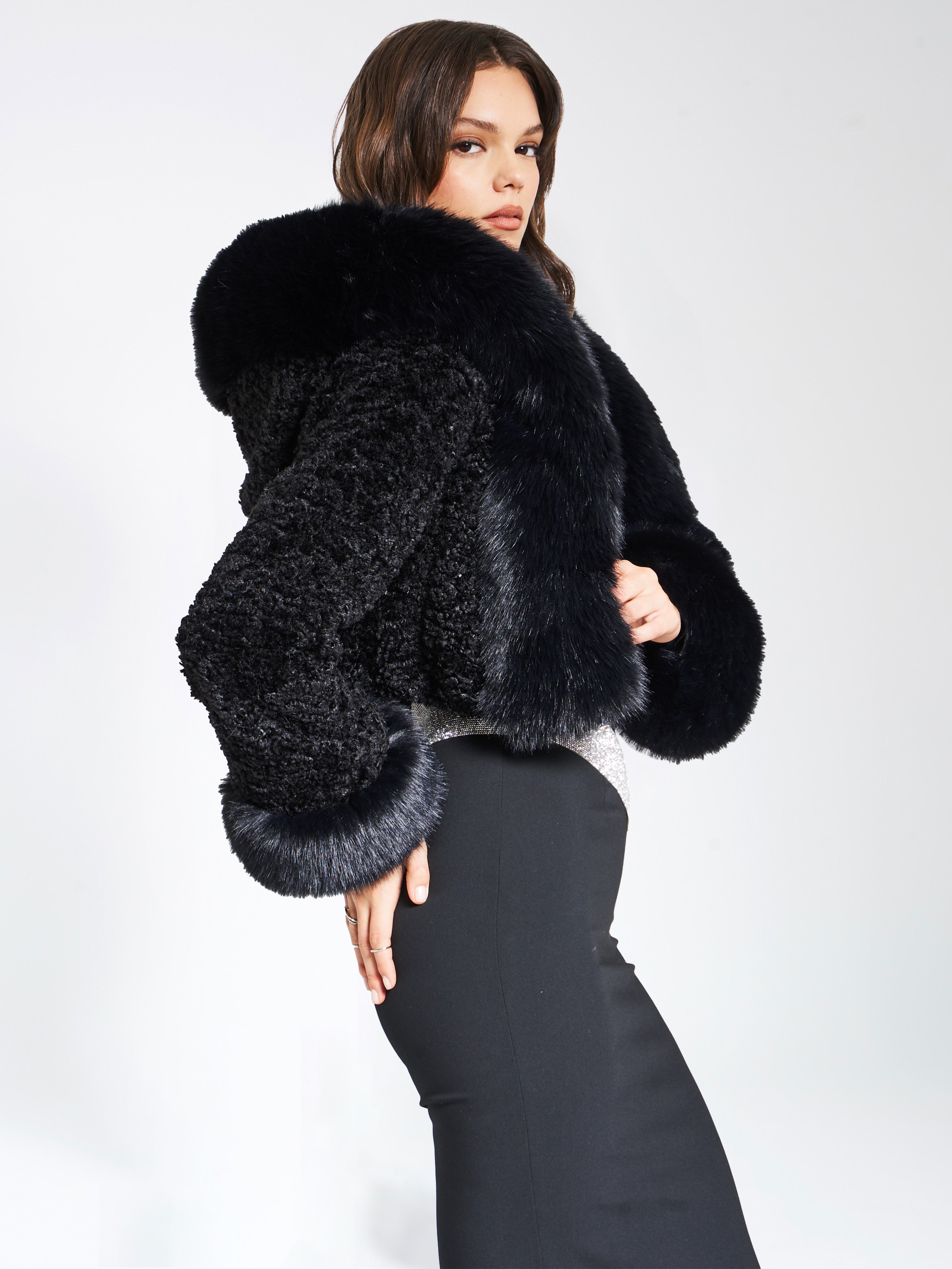 Kali Black Cropped Vegan Fur Jacket With Hood