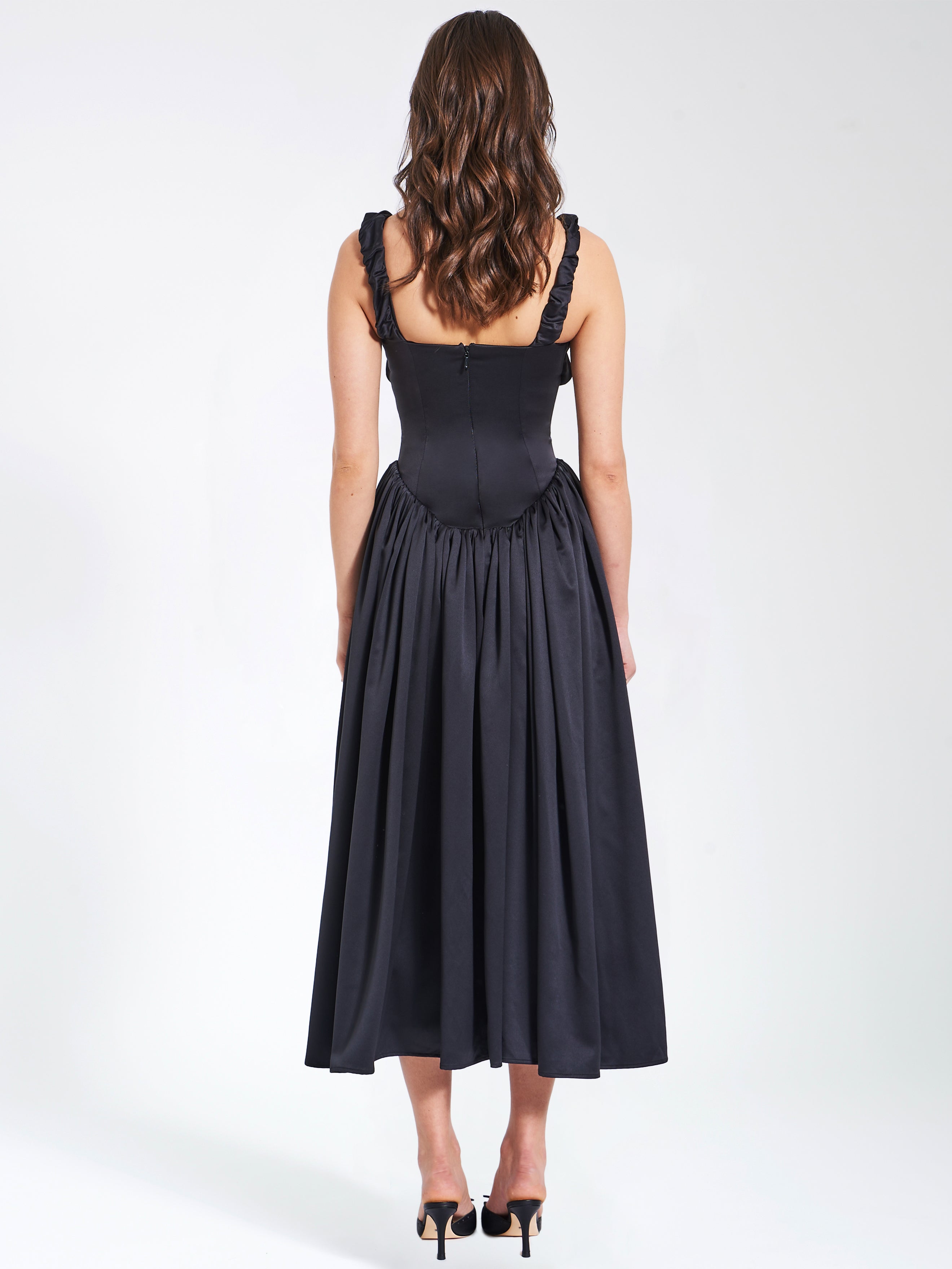 Noreen Black Satin Drop Waist Maxi Sundress