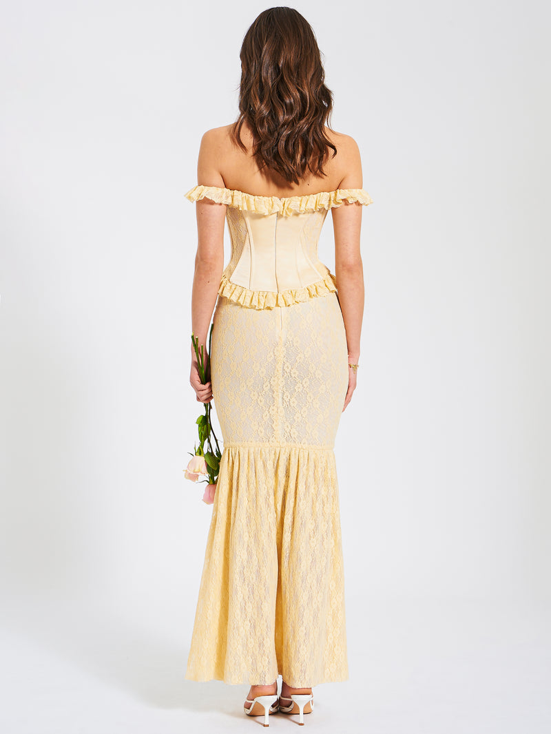 Ersilia Pale Yellow Satin Lace Peplum Corset Off Shoulder Maxi Dress ... Ersilia Pale Yellow Satin Lace Peplum Corset Off Shoulder Maxi Dress ...