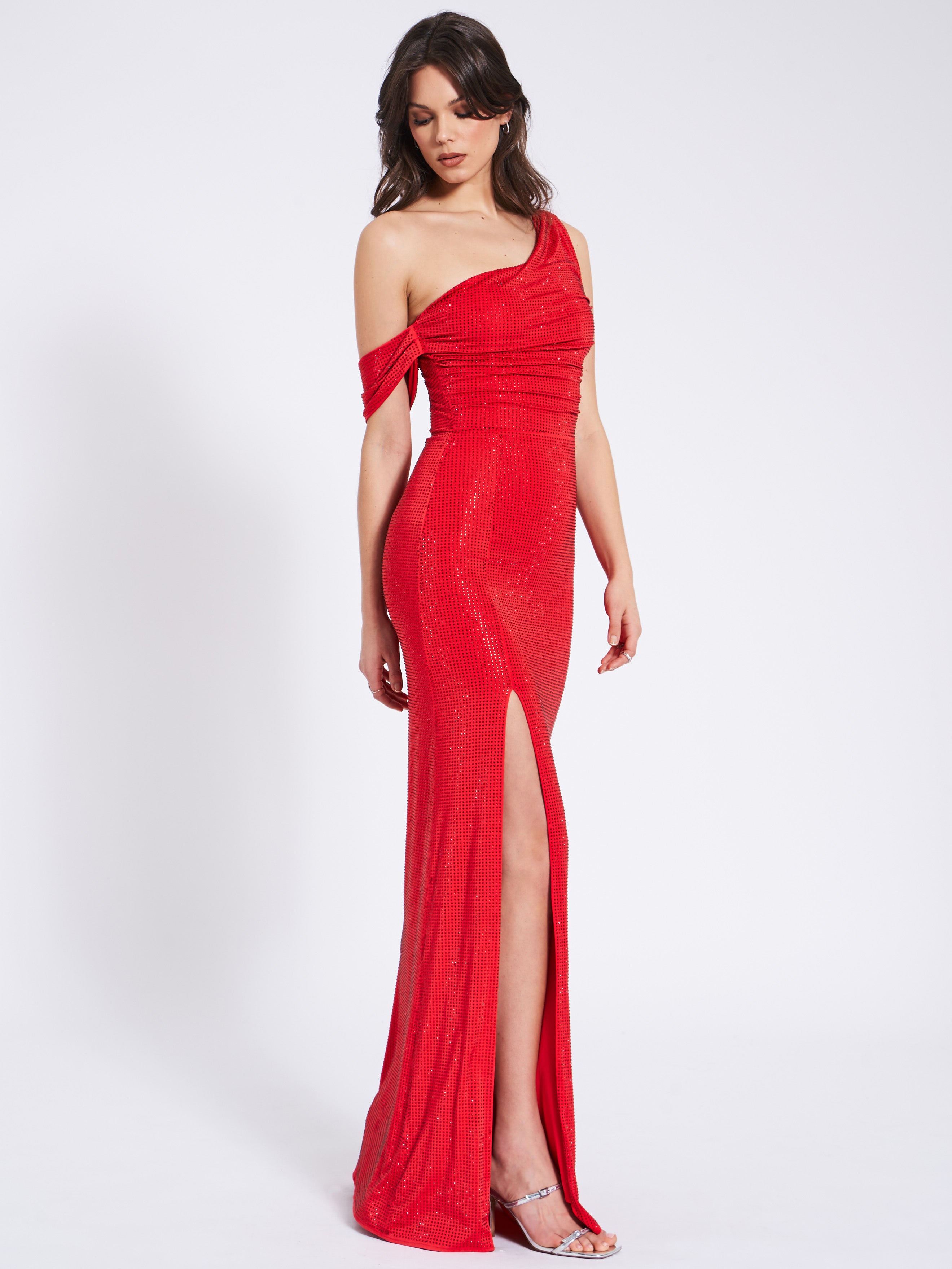 Paget Red Mesh Rhinestone Embellished High Slit Gown