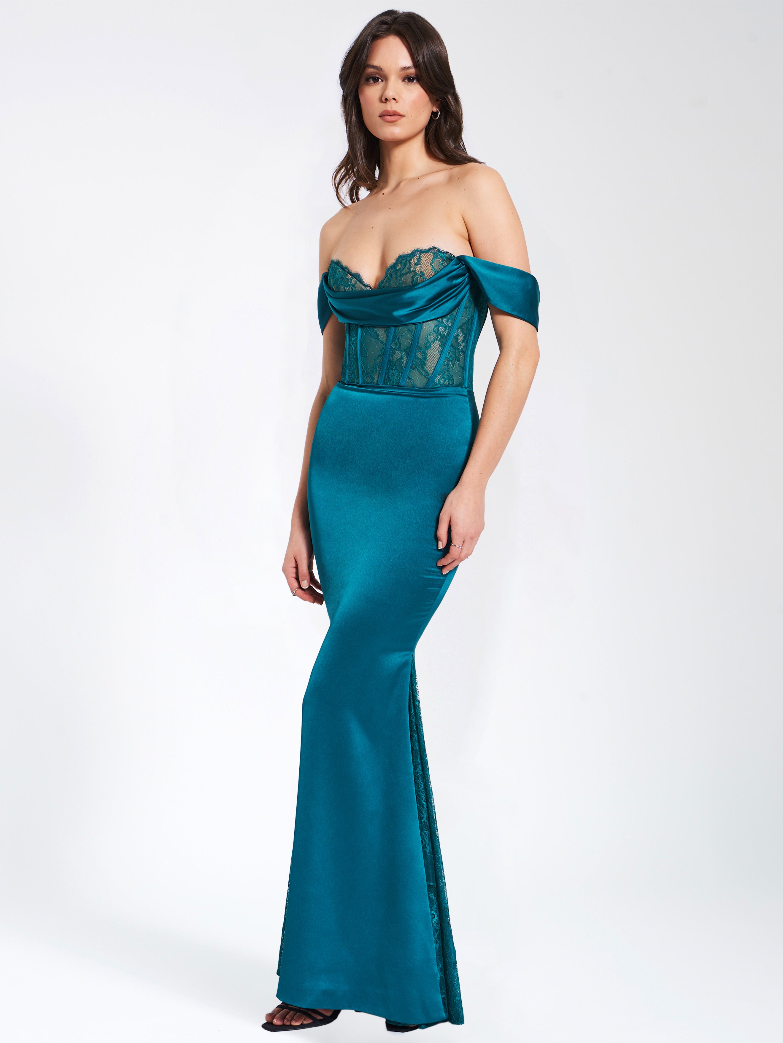 Callista Teal Satin Lace Corset Maxi Dress Callista Teal Satin Lace Corset Maxi Dress
