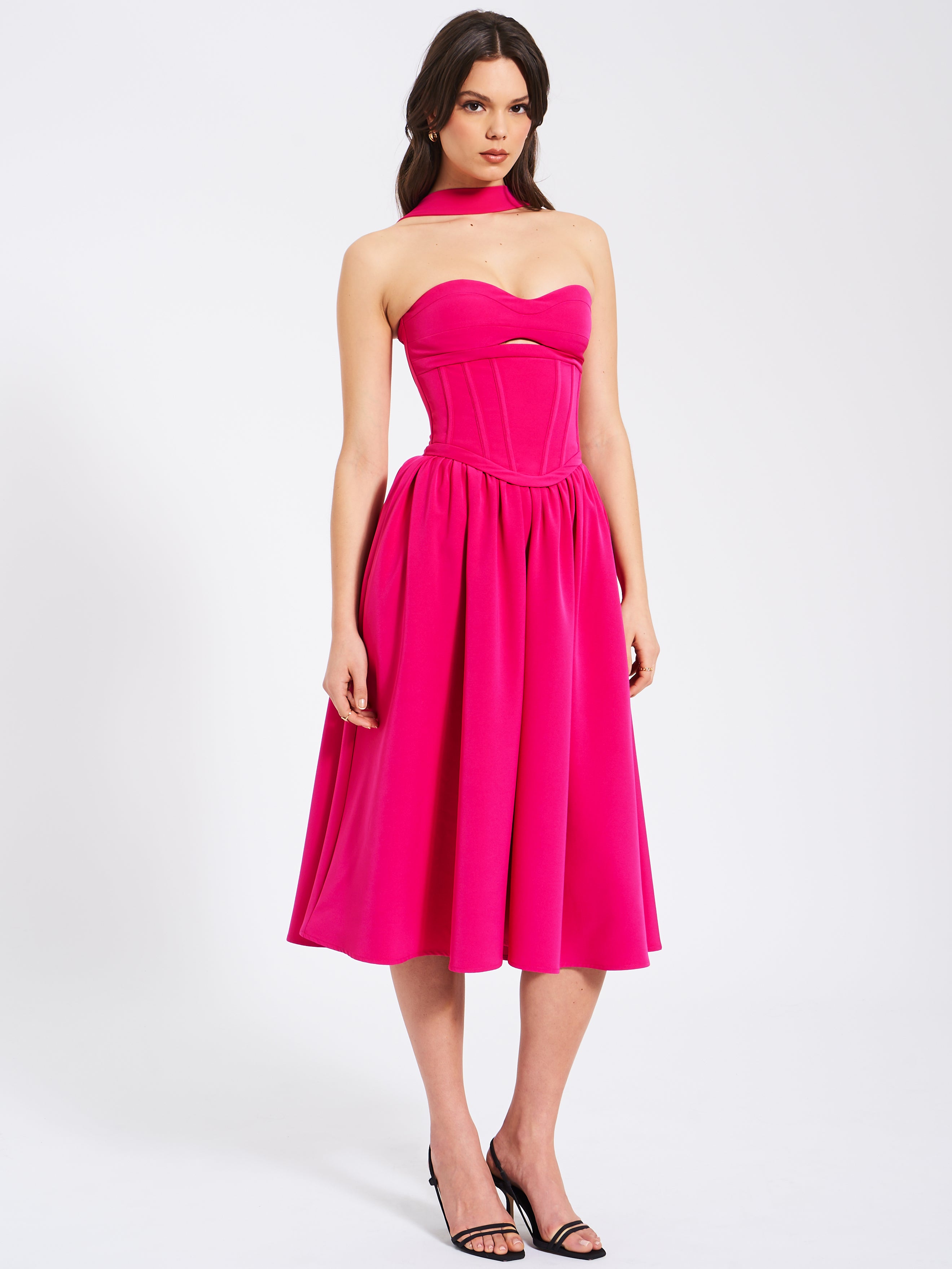 Maia Fuchsia Halter Neck Corset Midi Sundress