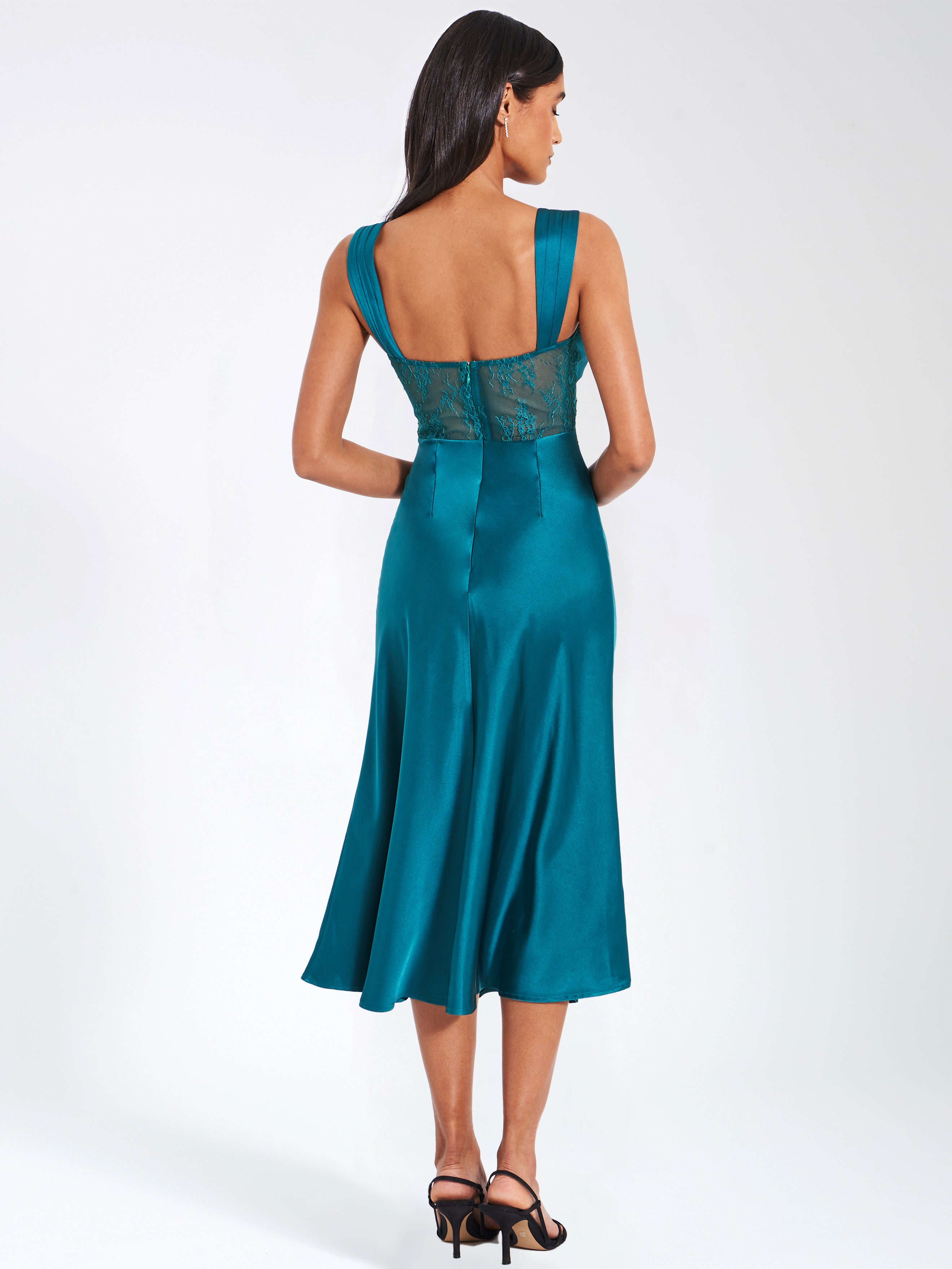 Perley Teal Satin and Lace Midi Dress