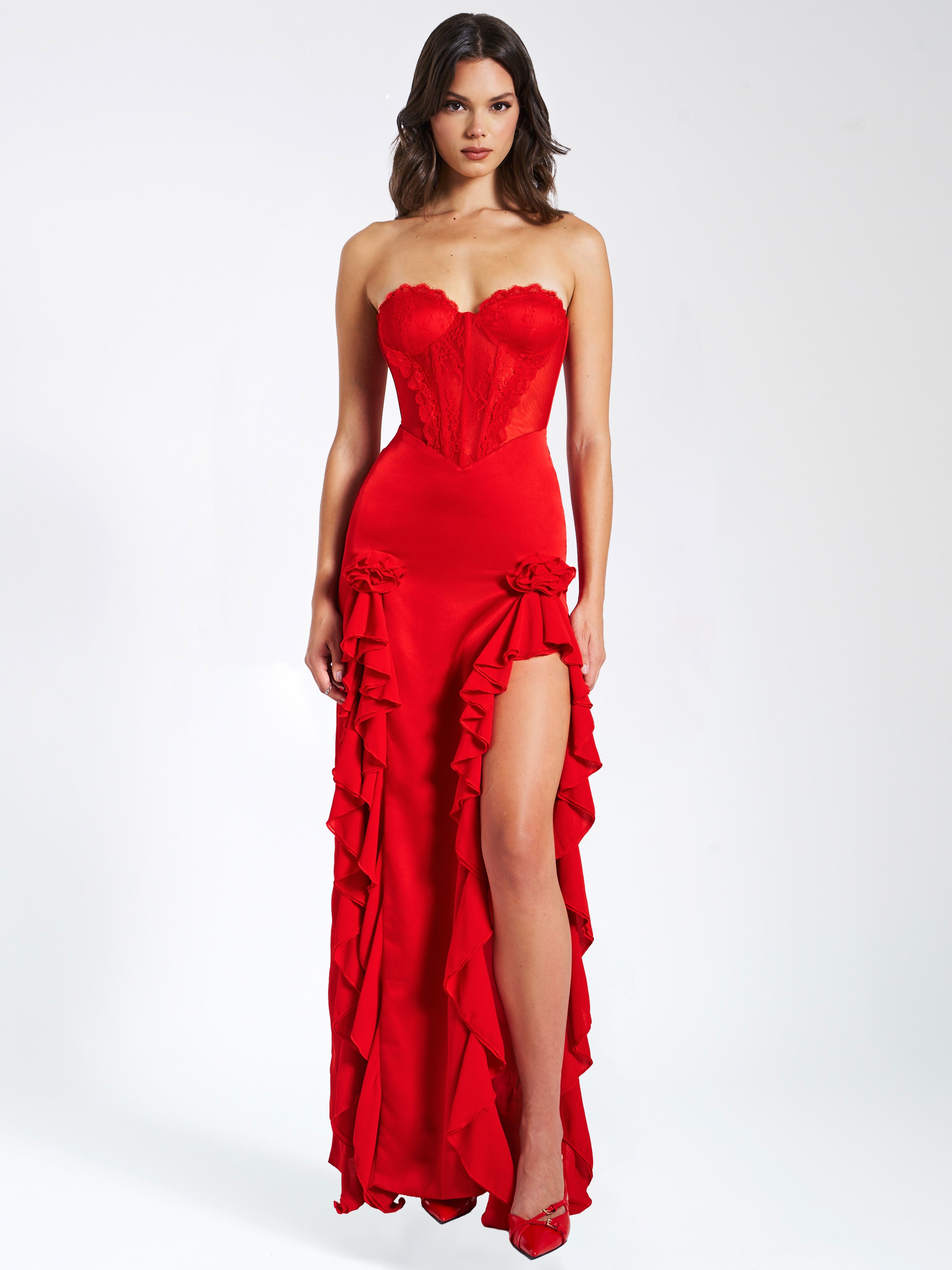 Talia Red Satin Lace Corset Maxi Dress