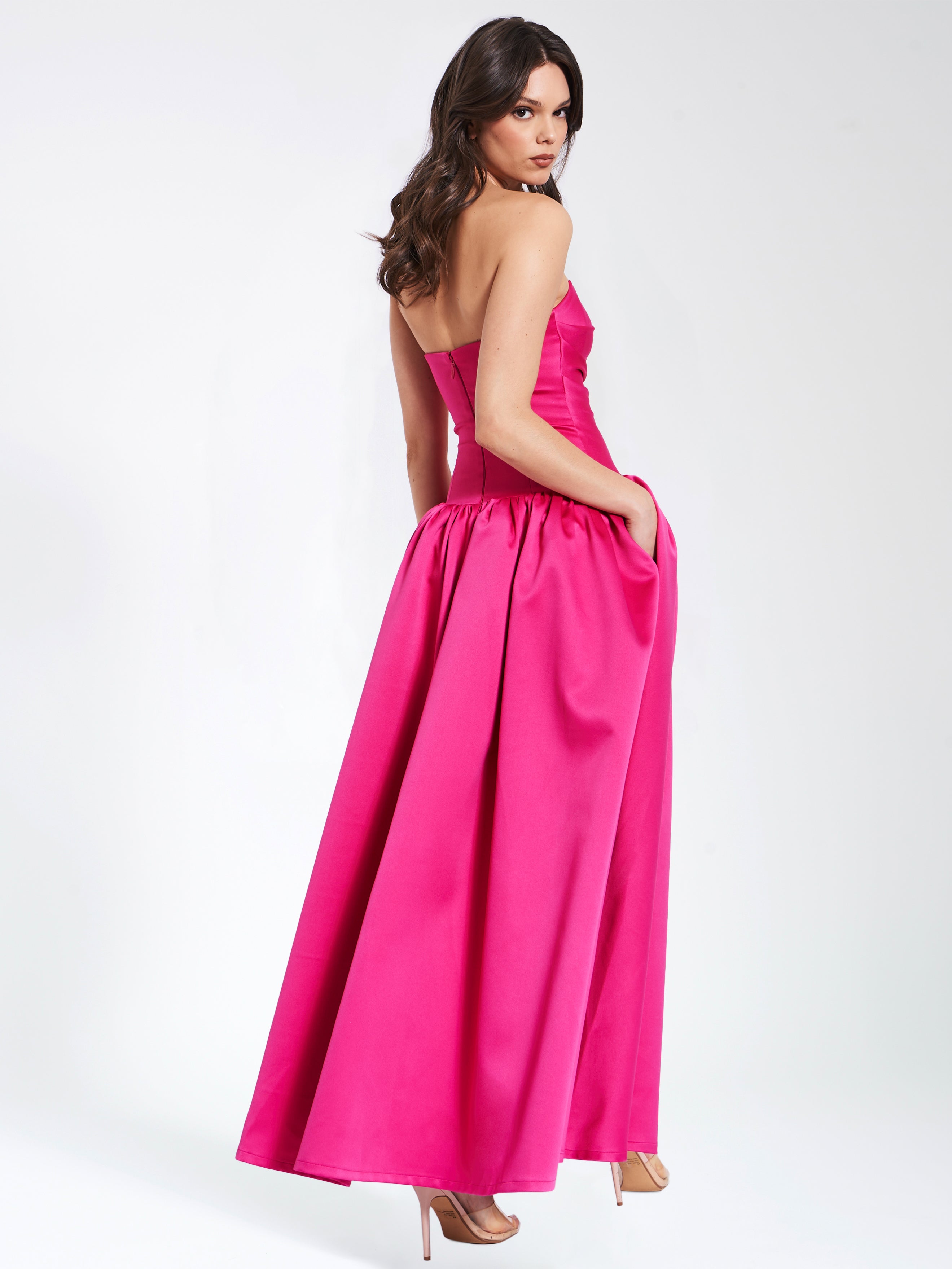 Walterina Fuchsia Satin Strapless Drop Waist Corset Gown