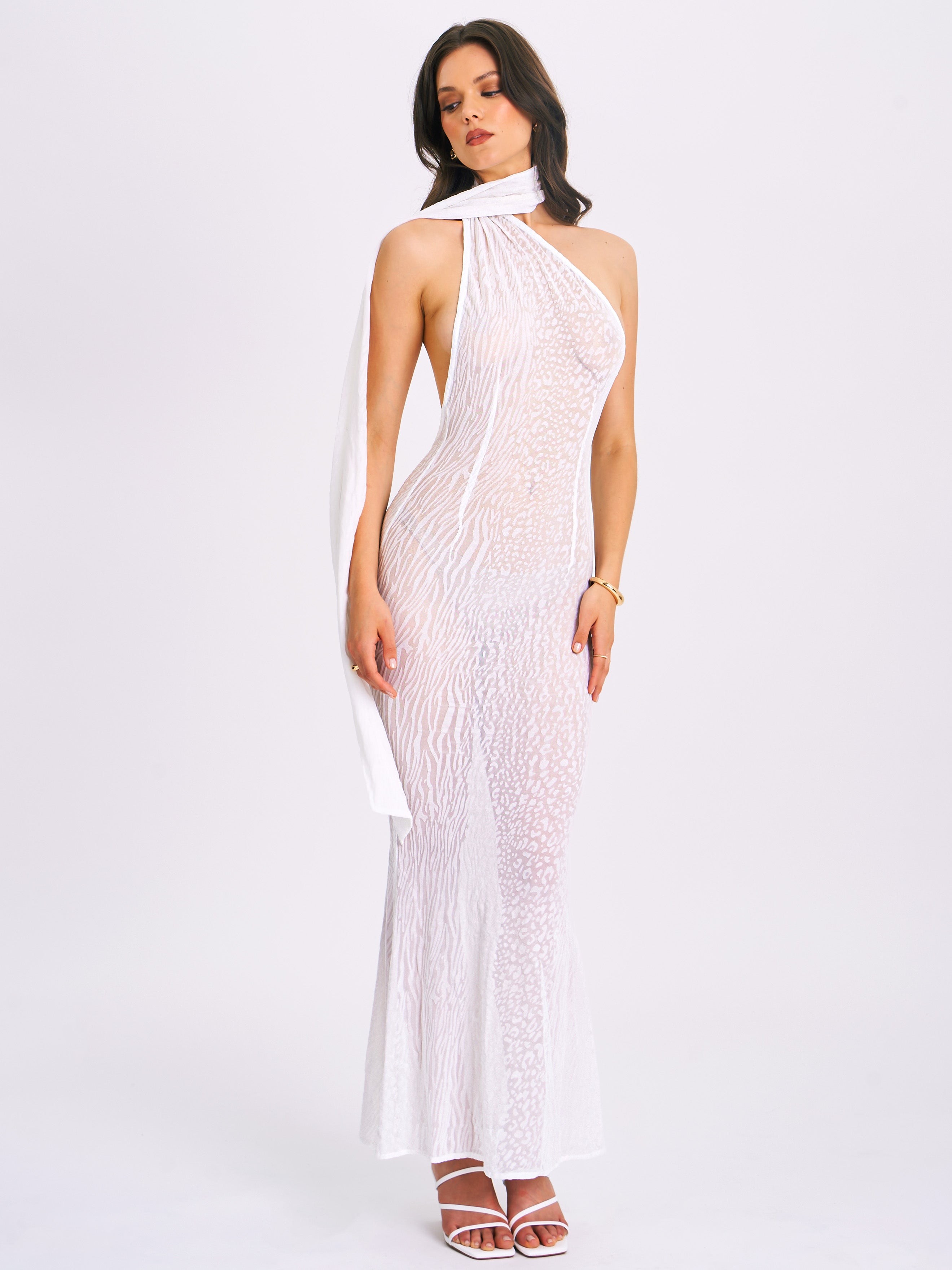 Olena White Burnout Velvet Animal Print Mesh Halter Neck Maxi Dress