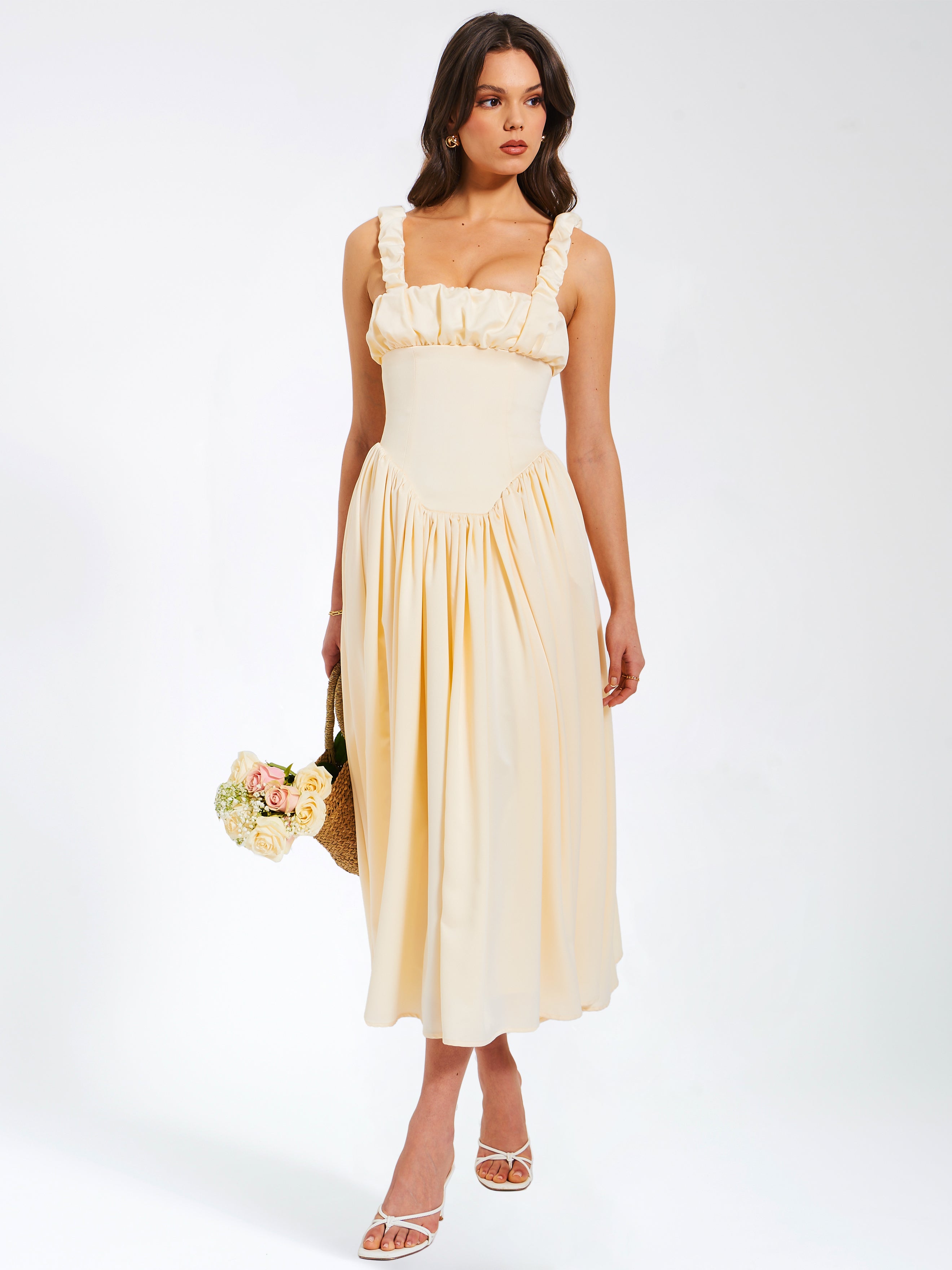 Noreen Egg White Satin Drop Waist Maxi Sundress