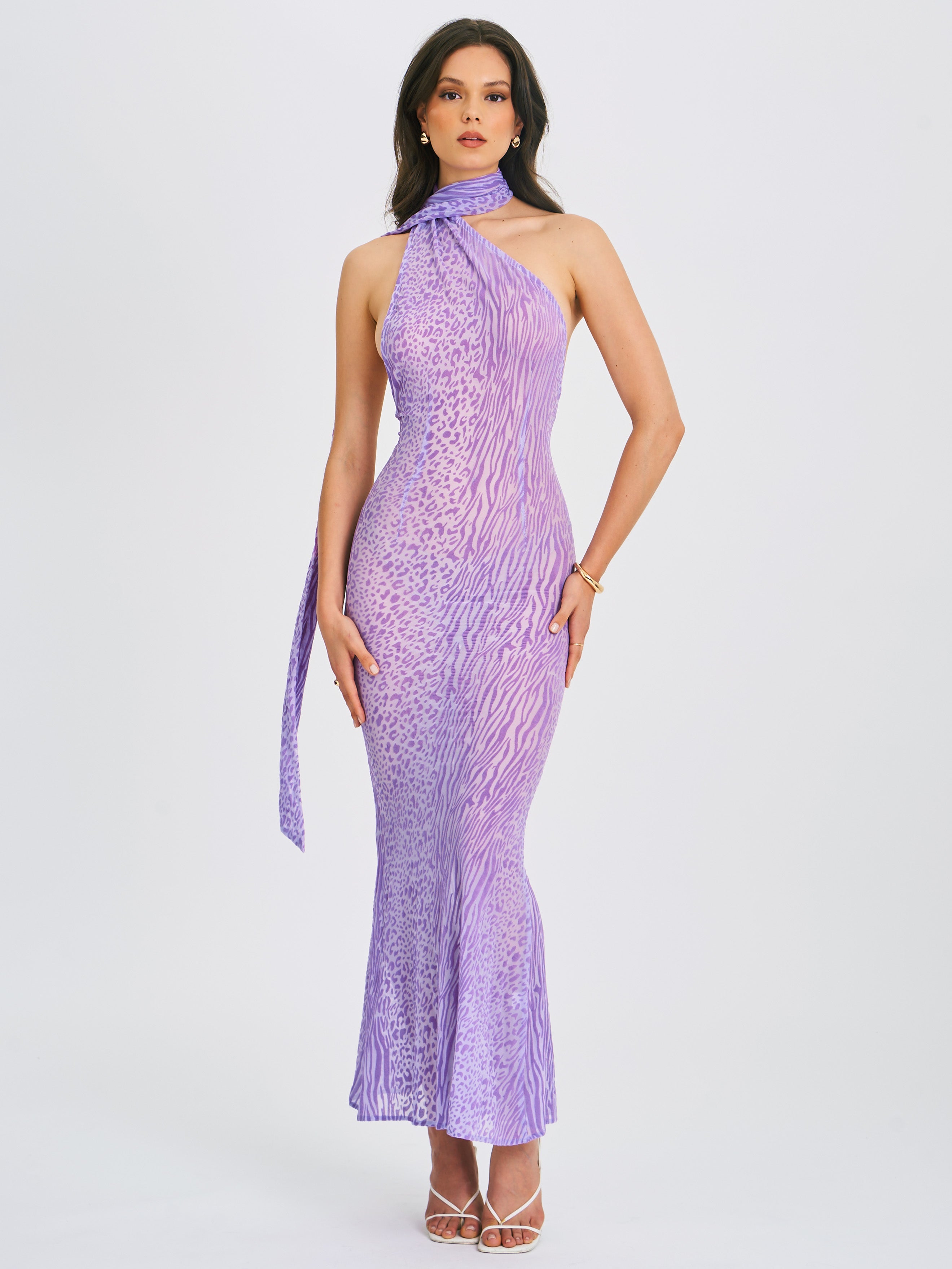 Olena Purple Burnout Velvet Animal Print Mesh Halter Neck Maxi Dress