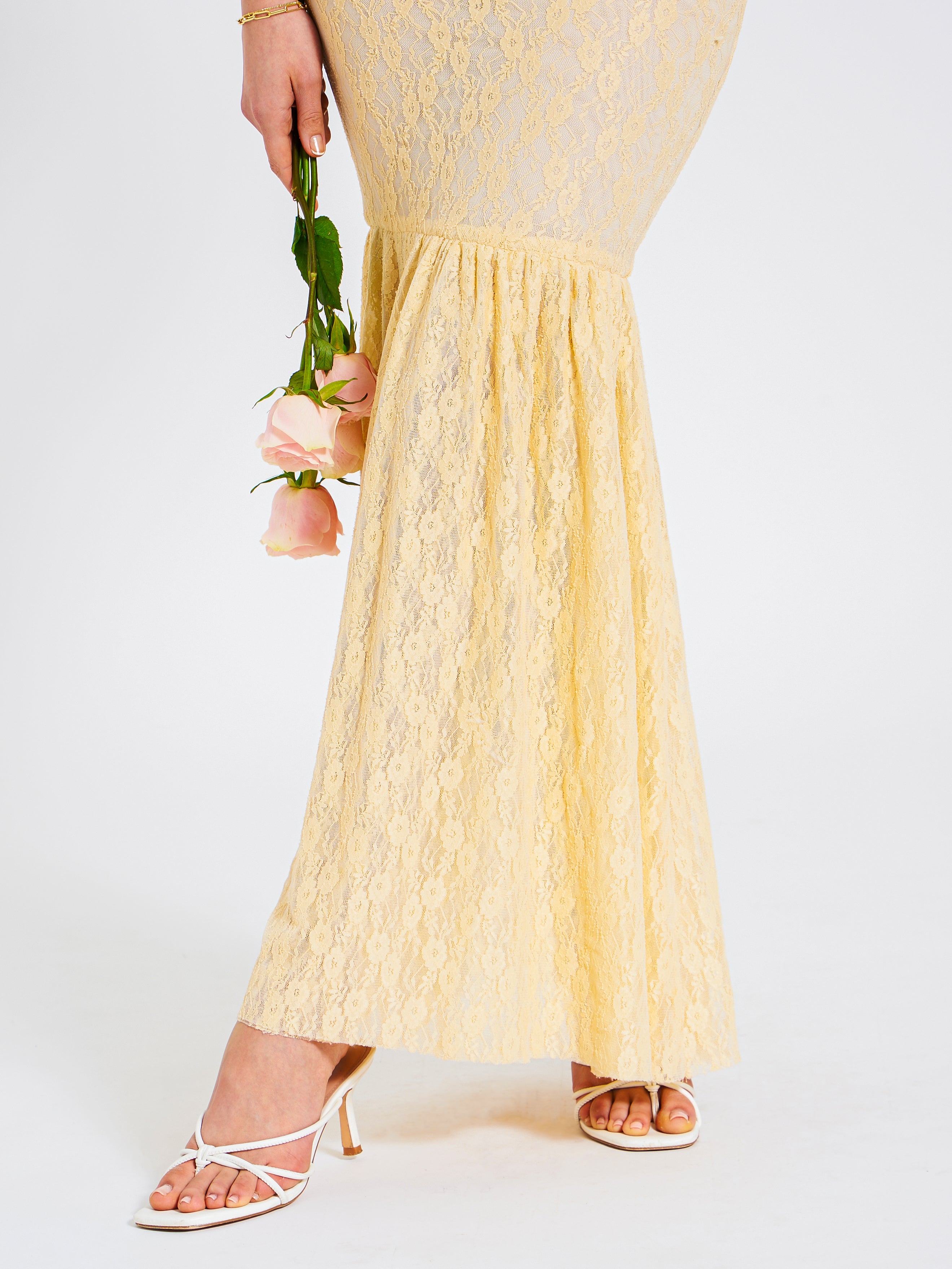 Miss Circle Women's Ersilia Pale Yellow Satin Lace Peplum Corset Off Shoulder Maxi Dress - Pale Yellow Miss Circle Women's Ersilia Pale Yellow Satin Lace Peplum Corset Off Shoulder Maxi Dress - Pale Yellow