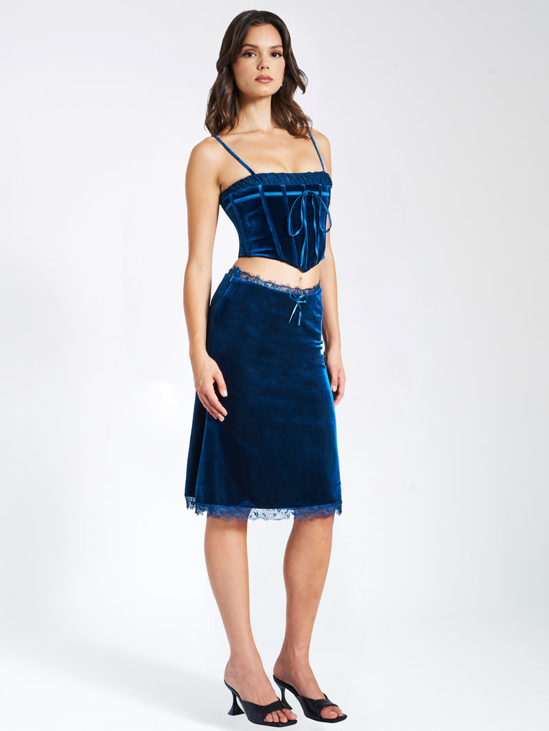 Lorraine Teal Velvet Skirt With Lace Trim