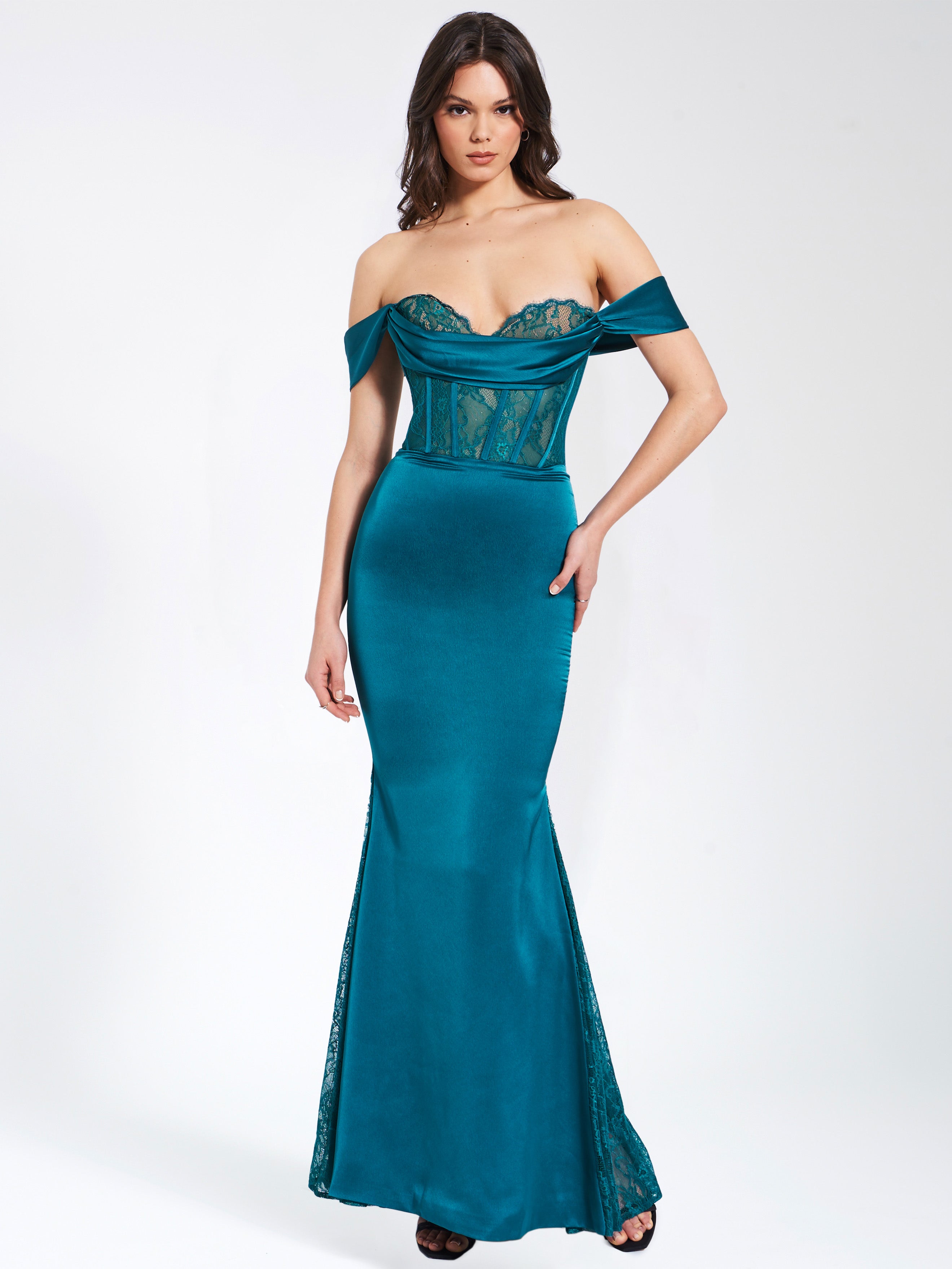 Callista Teal Satin Lace Corset Maxi Dress Callista Teal Satin Lace Corset Maxi Dress