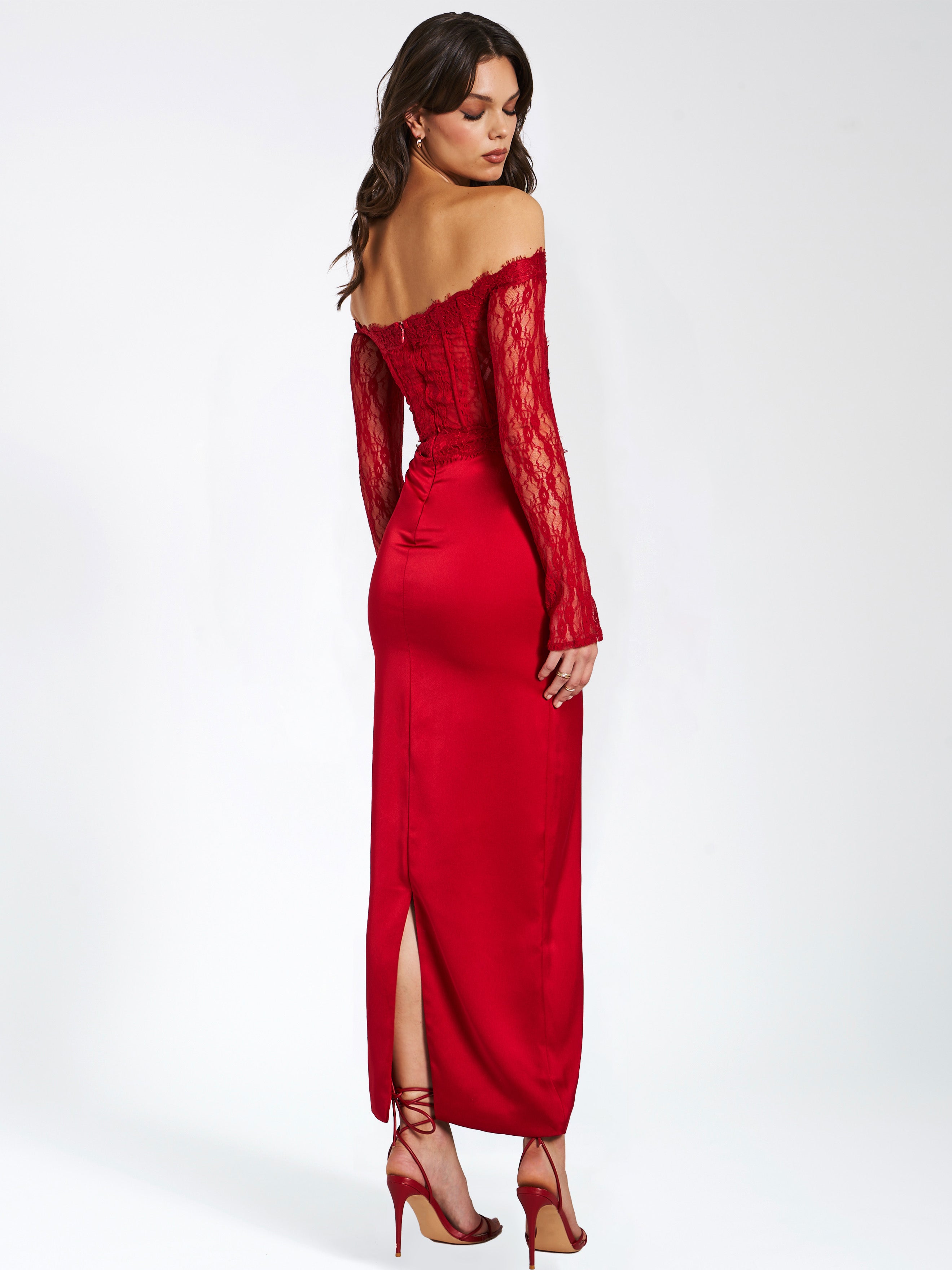 Nessa Red Lace Satin Corset Maxi Dress