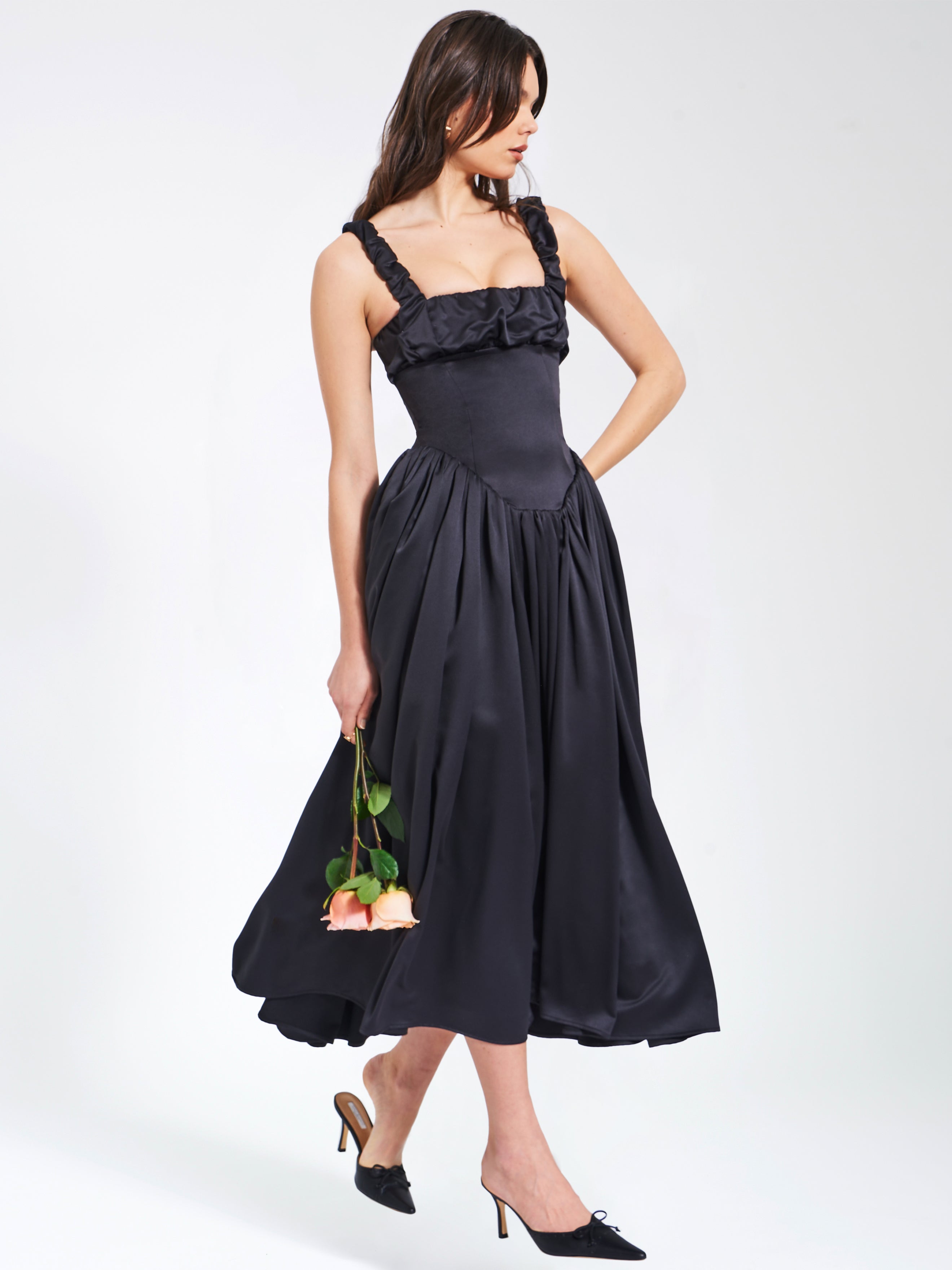 Noreen Black Satin Drop Waist Maxi Sundress