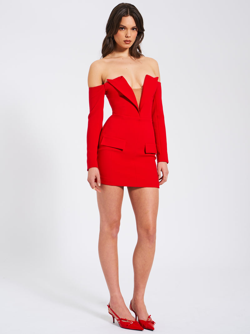 Polina Red Off Shoulder Long Sleeve Blazer Dress