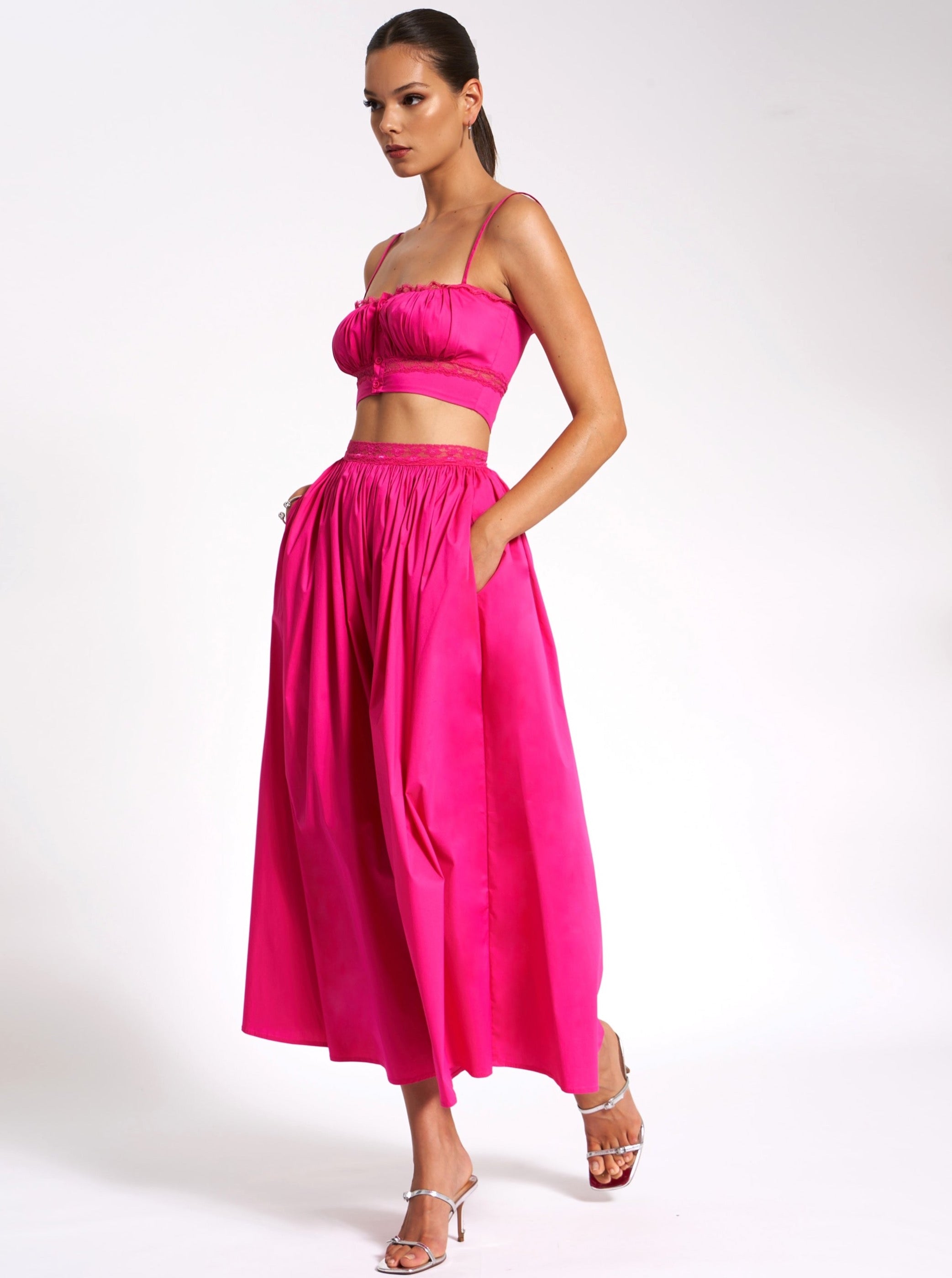 Martha Fuchsia Cotton Poplin Maxi Skirt With Lace Trim