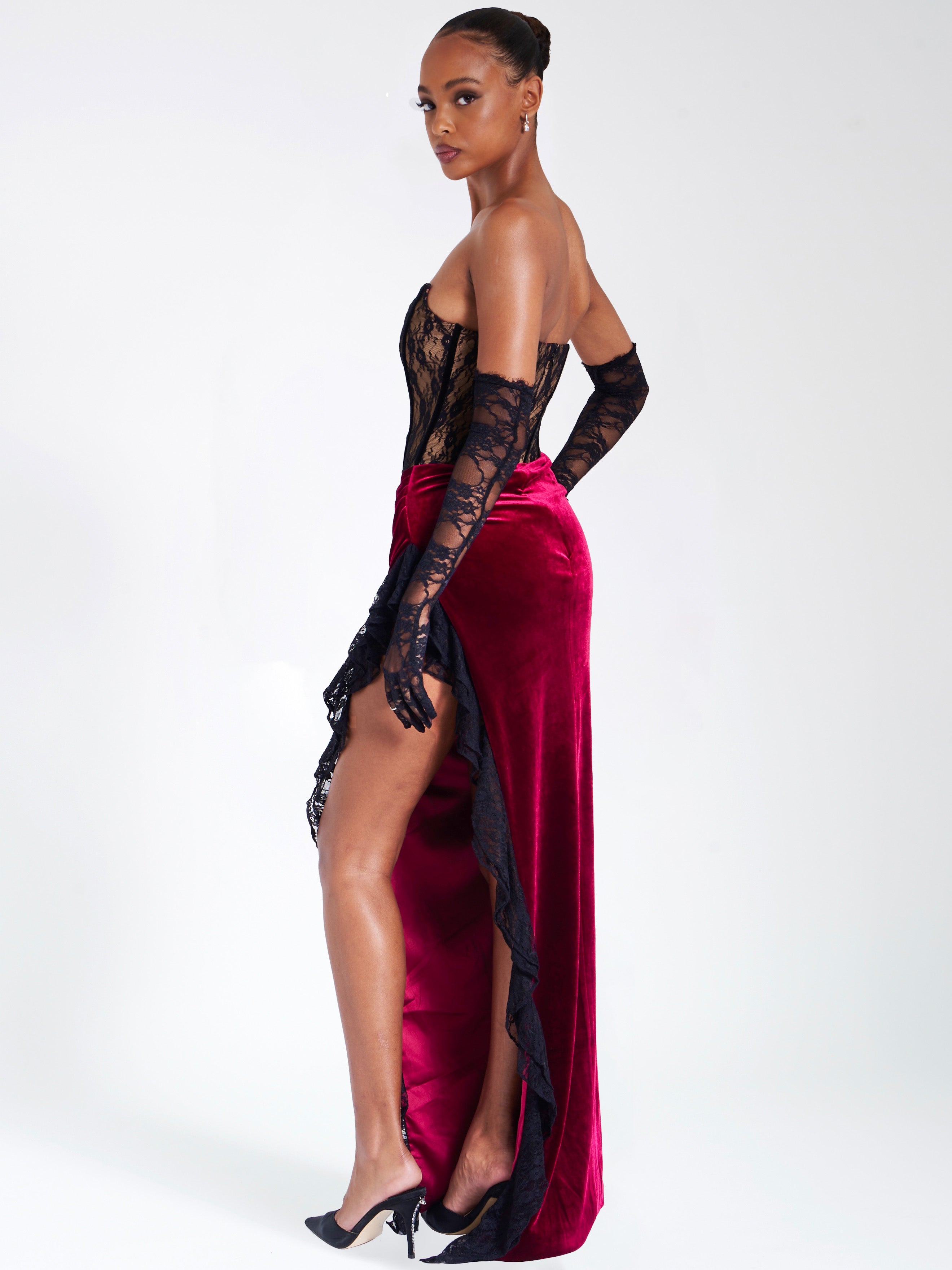 Gaia Burgundy Lace Velvet Corset Side Slit Dress