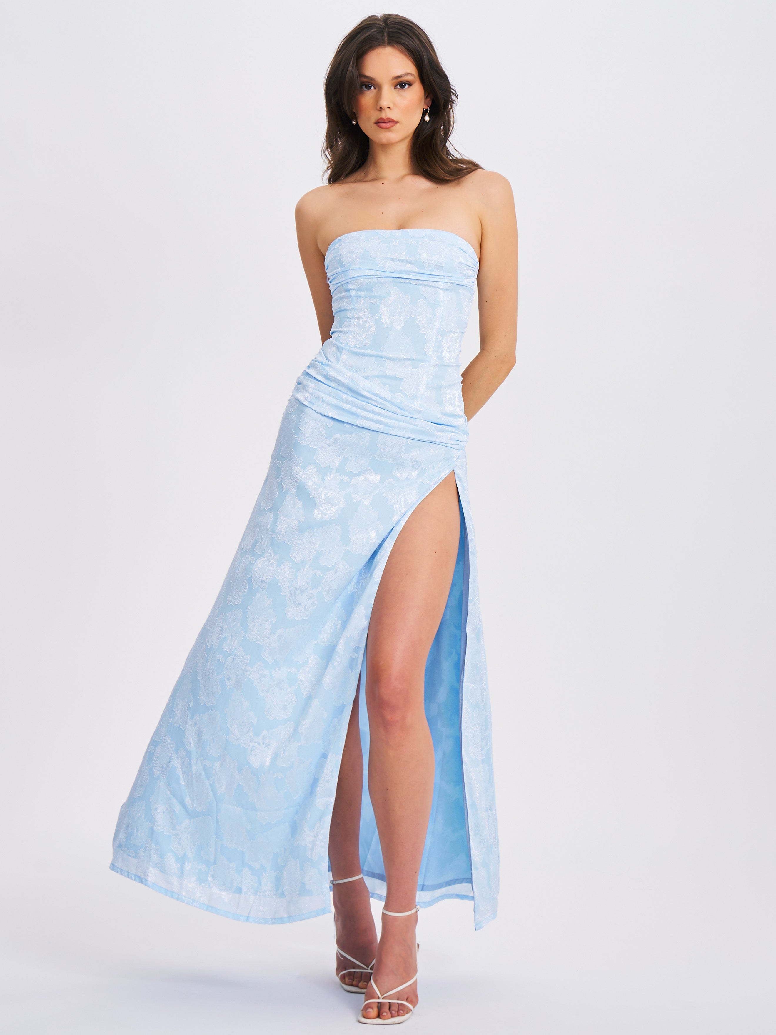 Xatia Baby Blue Jacquard Textured High Slit Maxi Dress