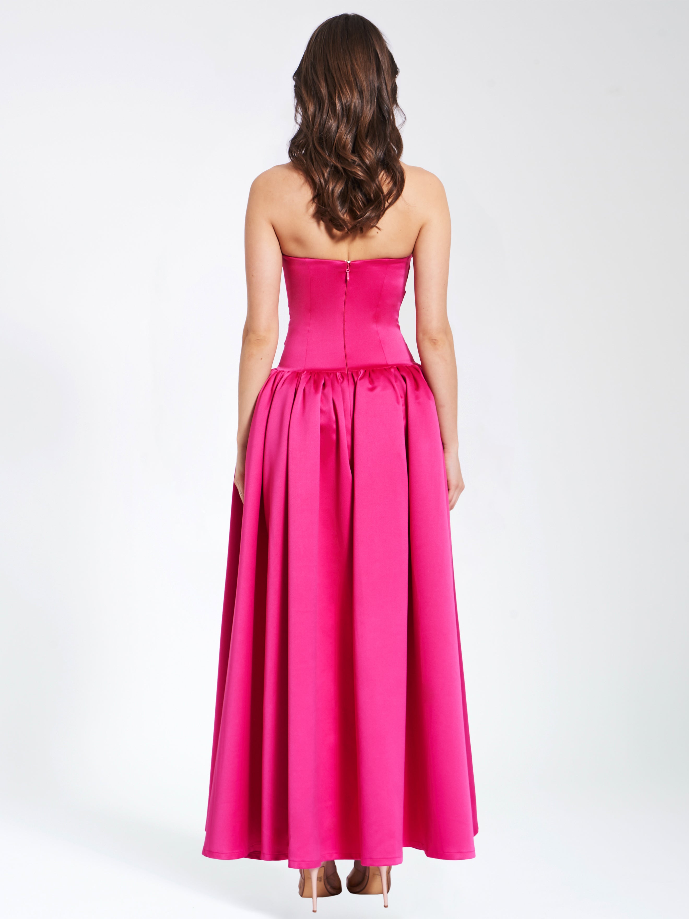 Walterina Fuchsia Satin Strapless Drop Waist Corset Gown Walterina Fuchsia Satin Strapless Drop Waist Corset Gown