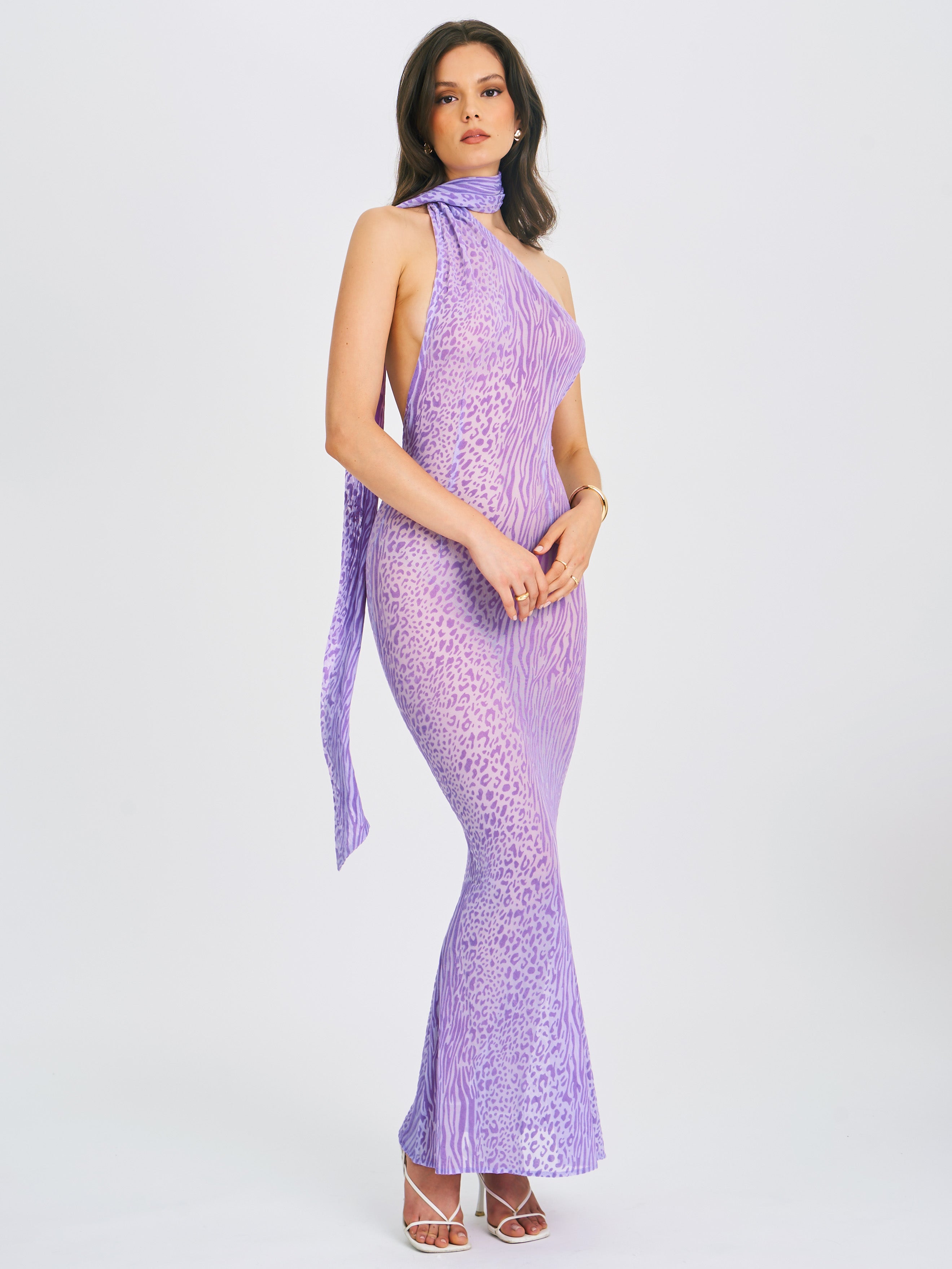 Olena Purple Burnout Velvet Animal Print Mesh Halter Neck Maxi Dress