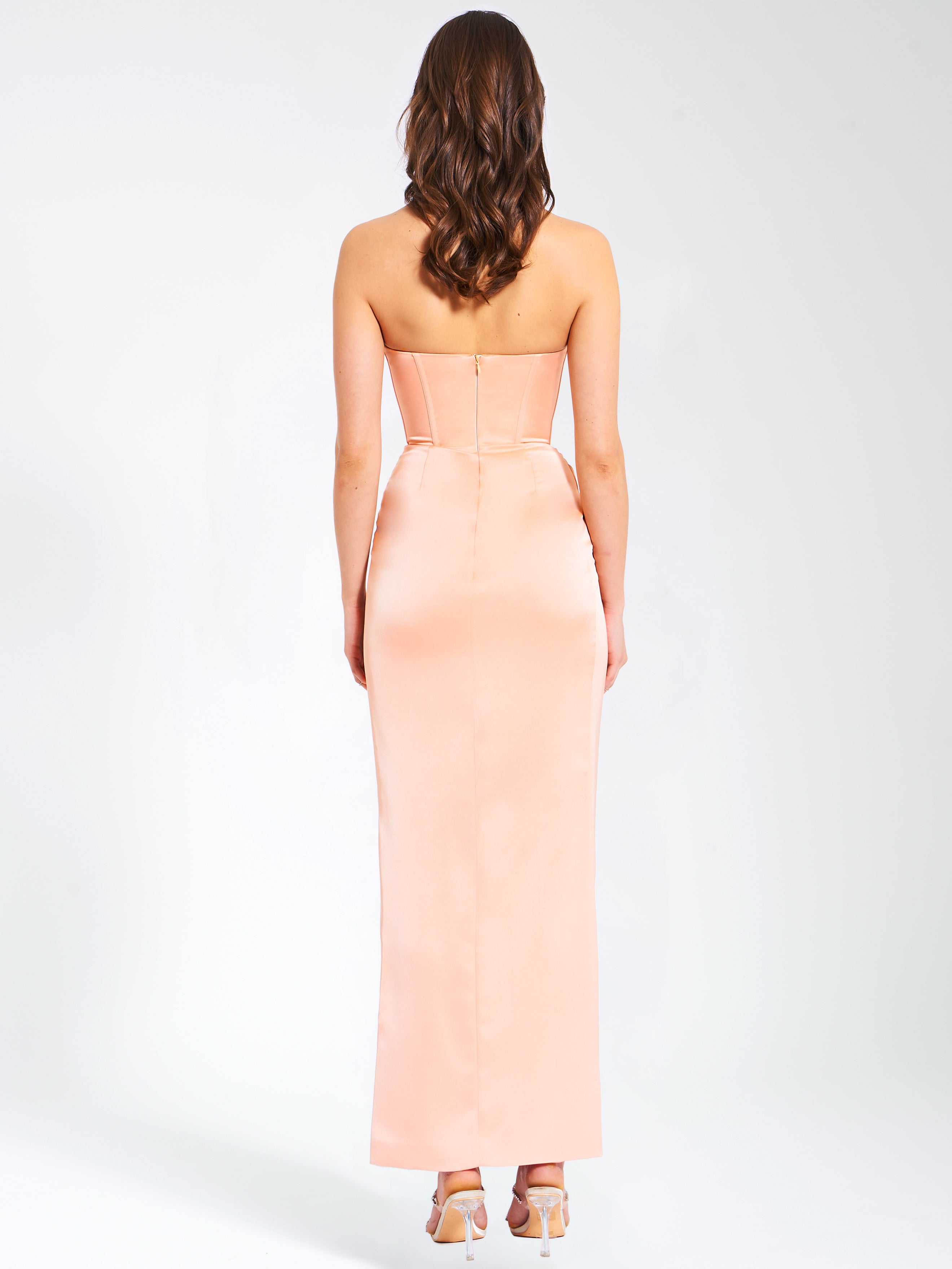 Amelia Blush Satin Corset Slit Gown With Crystal Embellished