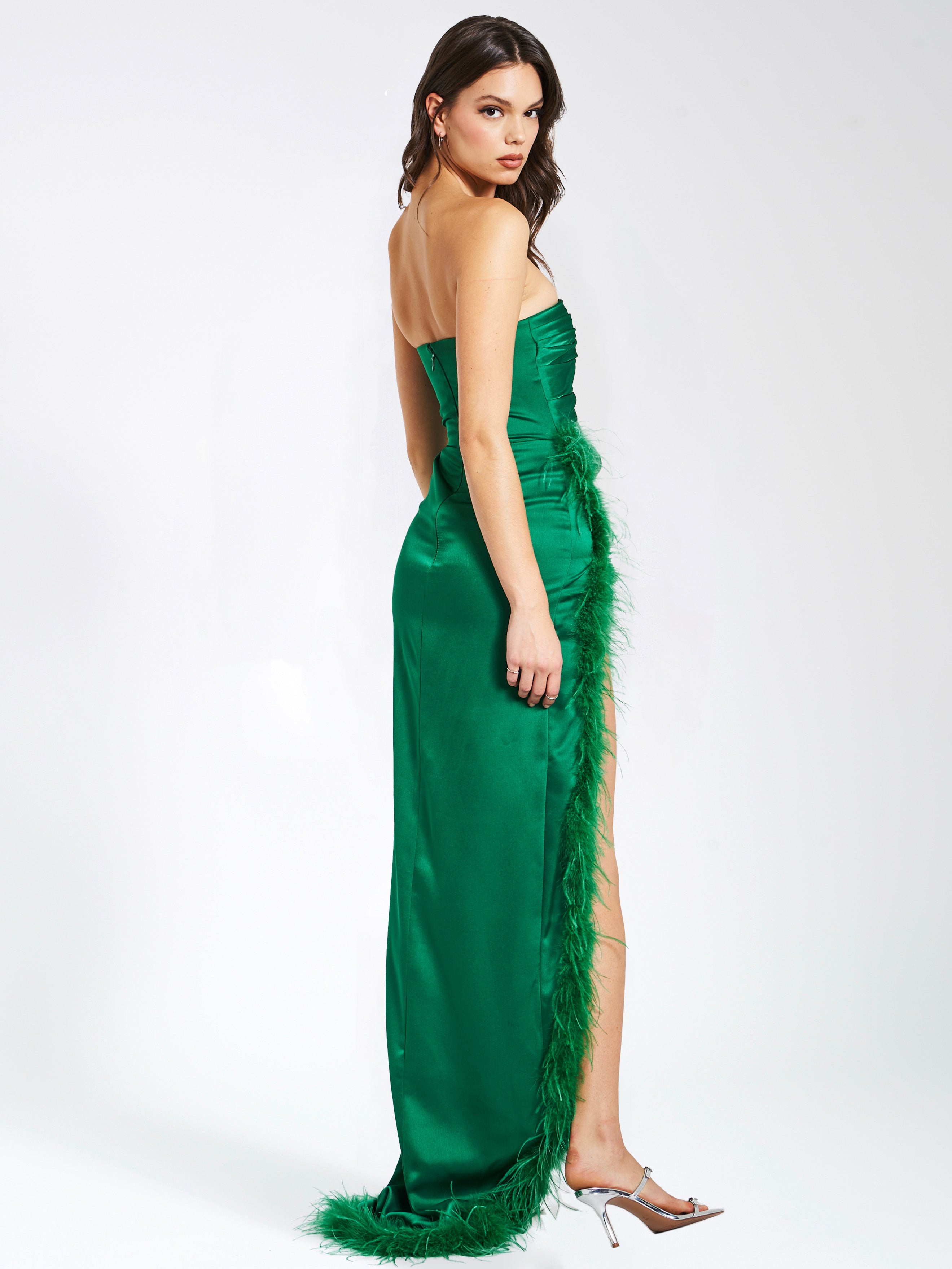 Perrin Emerald Green Feather Dress High Slit Gown Perrin Emerald Green Feather Dress High Slit Gown