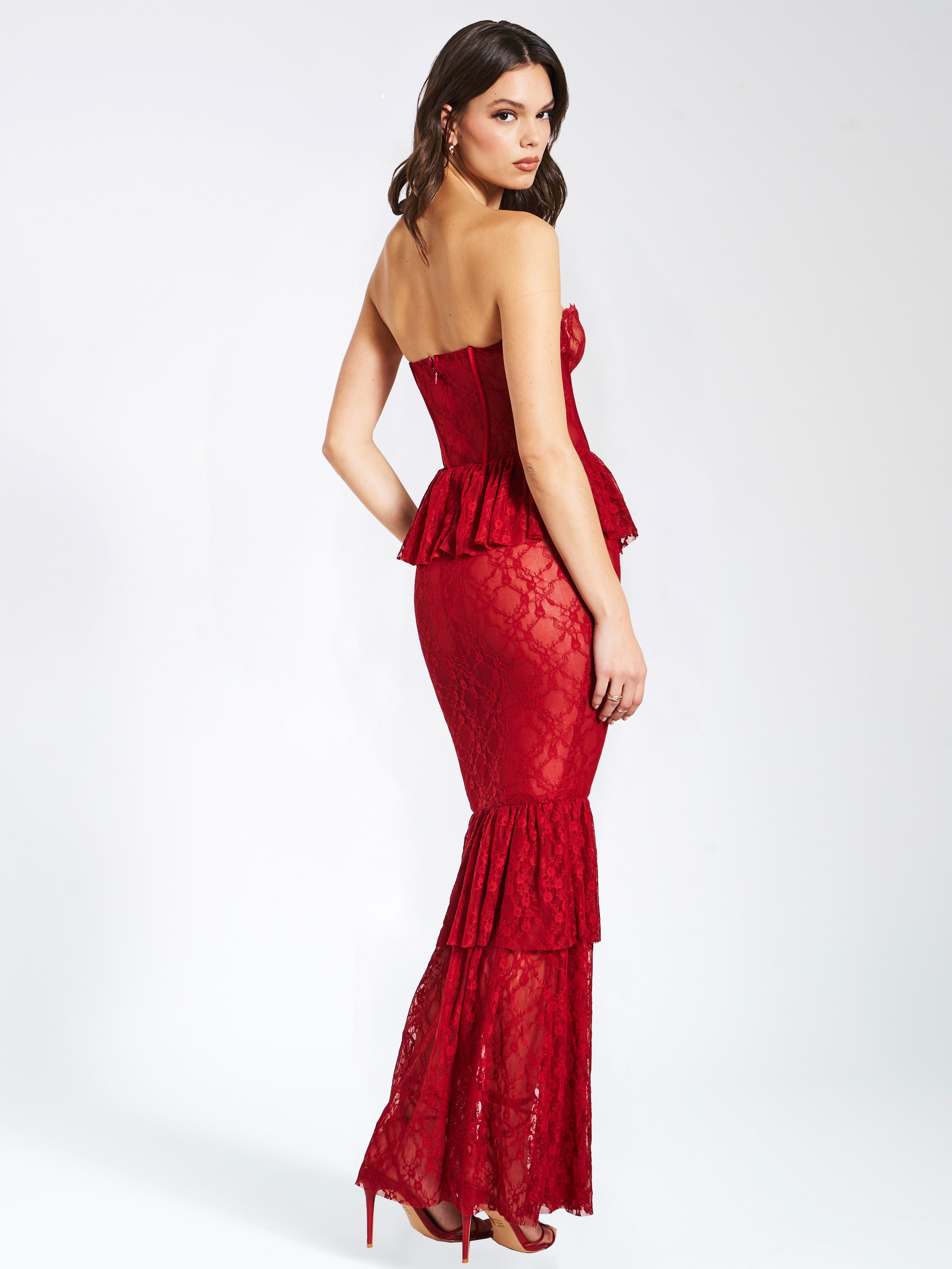 Quennell Burgundy Lace Corset Maxi Dress