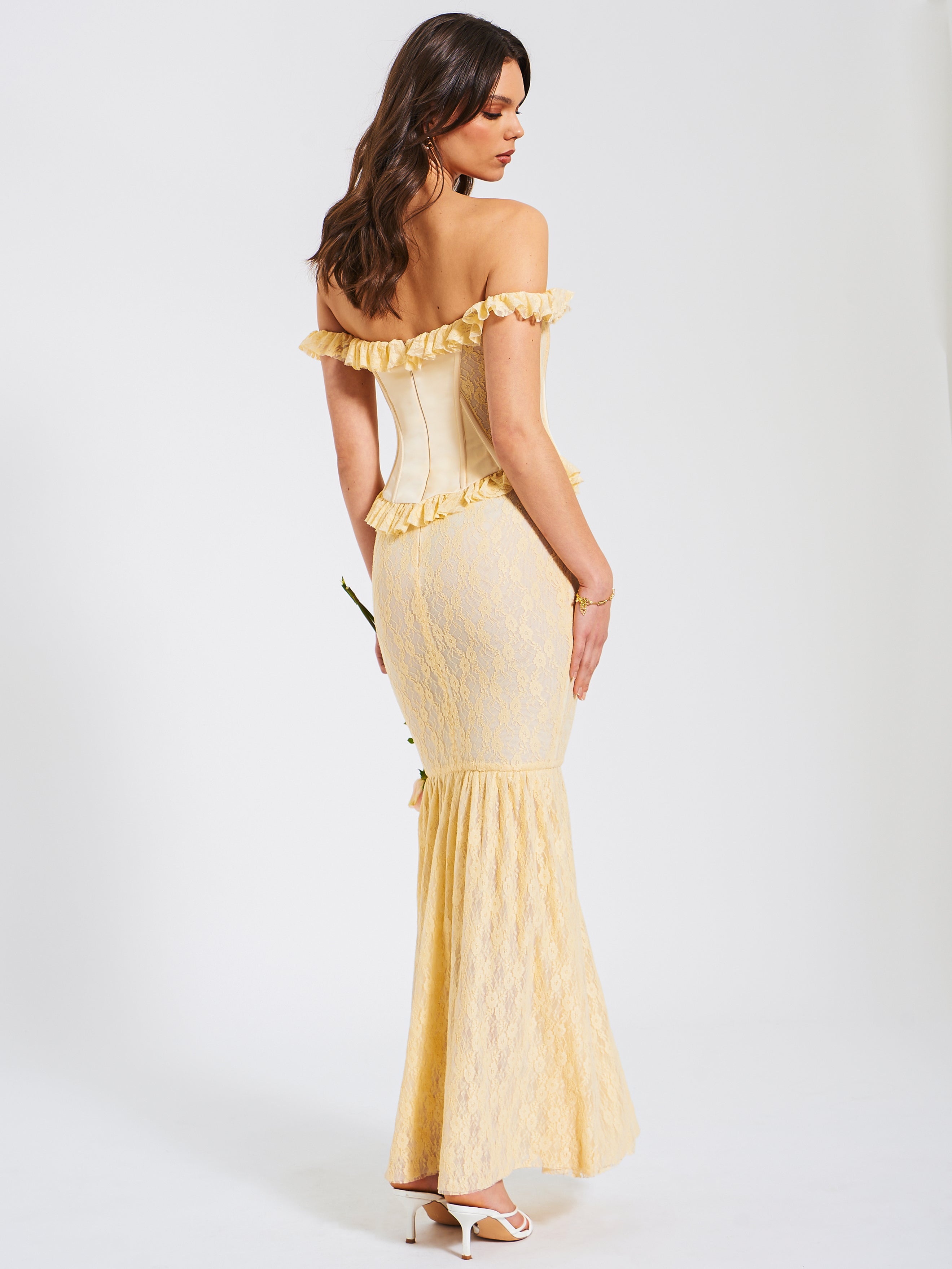 Miss Circle Women's Ersilia Pale Yellow Satin Lace Peplum Corset Off Shoulder Maxi Dress - Pale Yellow Miss Circle Women's Ersilia Pale Yellow Satin Lace Peplum Corset Off Shoulder Maxi Dress - Pale Yellow