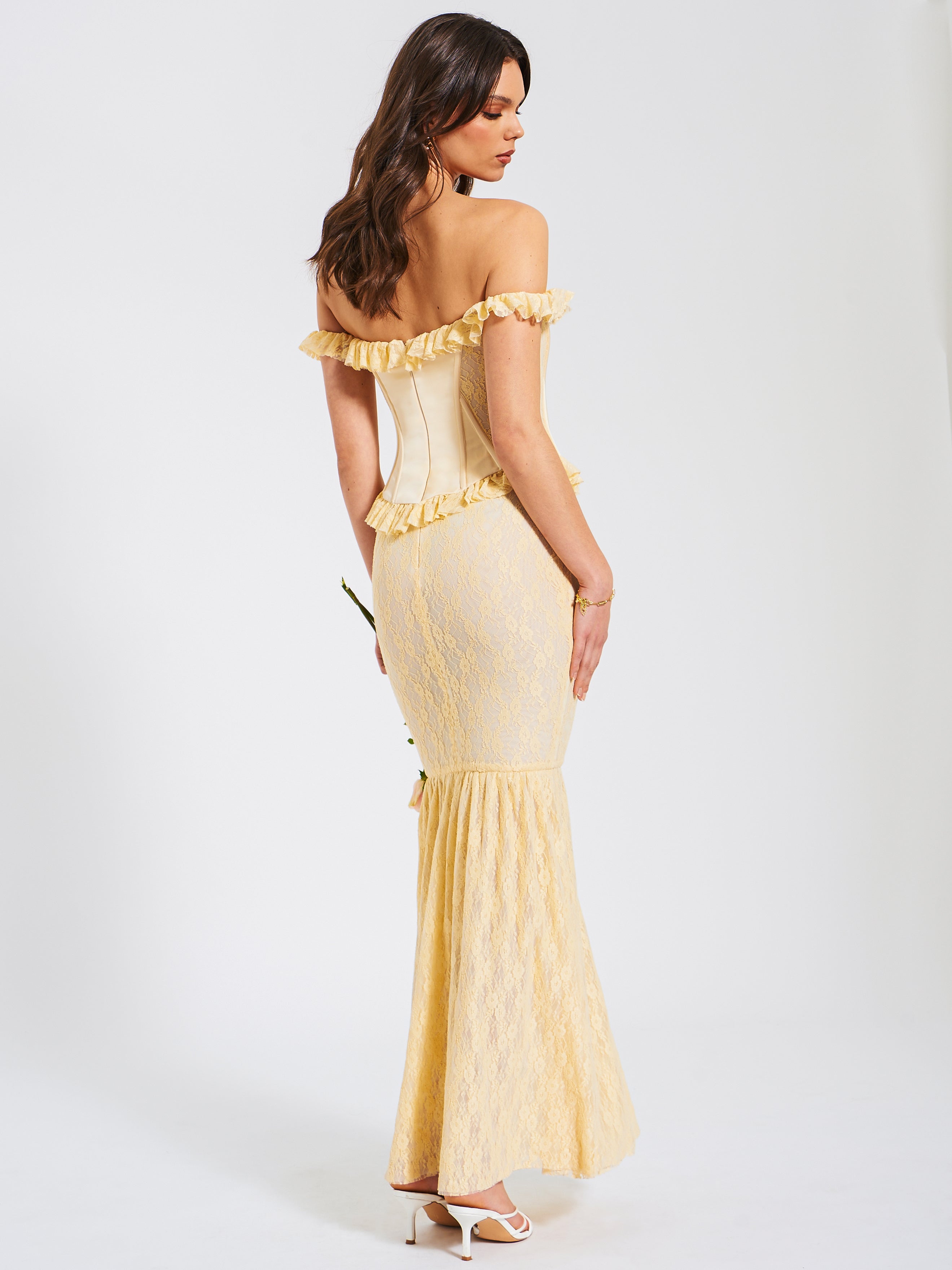 Ersilia Pale Yellow Satin Lace Peplum Corset Off Shoulder Maxi Dress