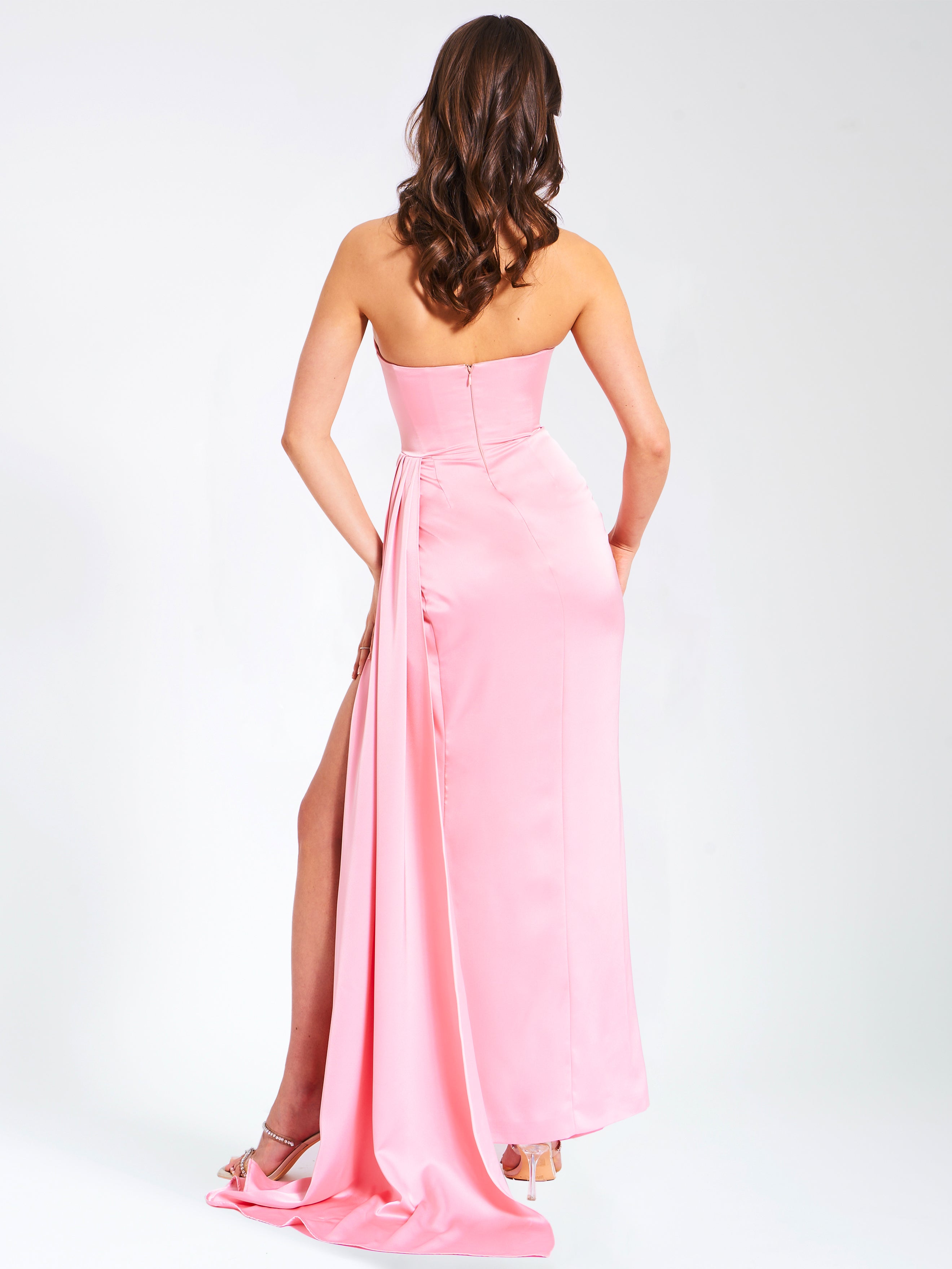 Marilyn Pink Satin Crystal Embellished High Slit Gown