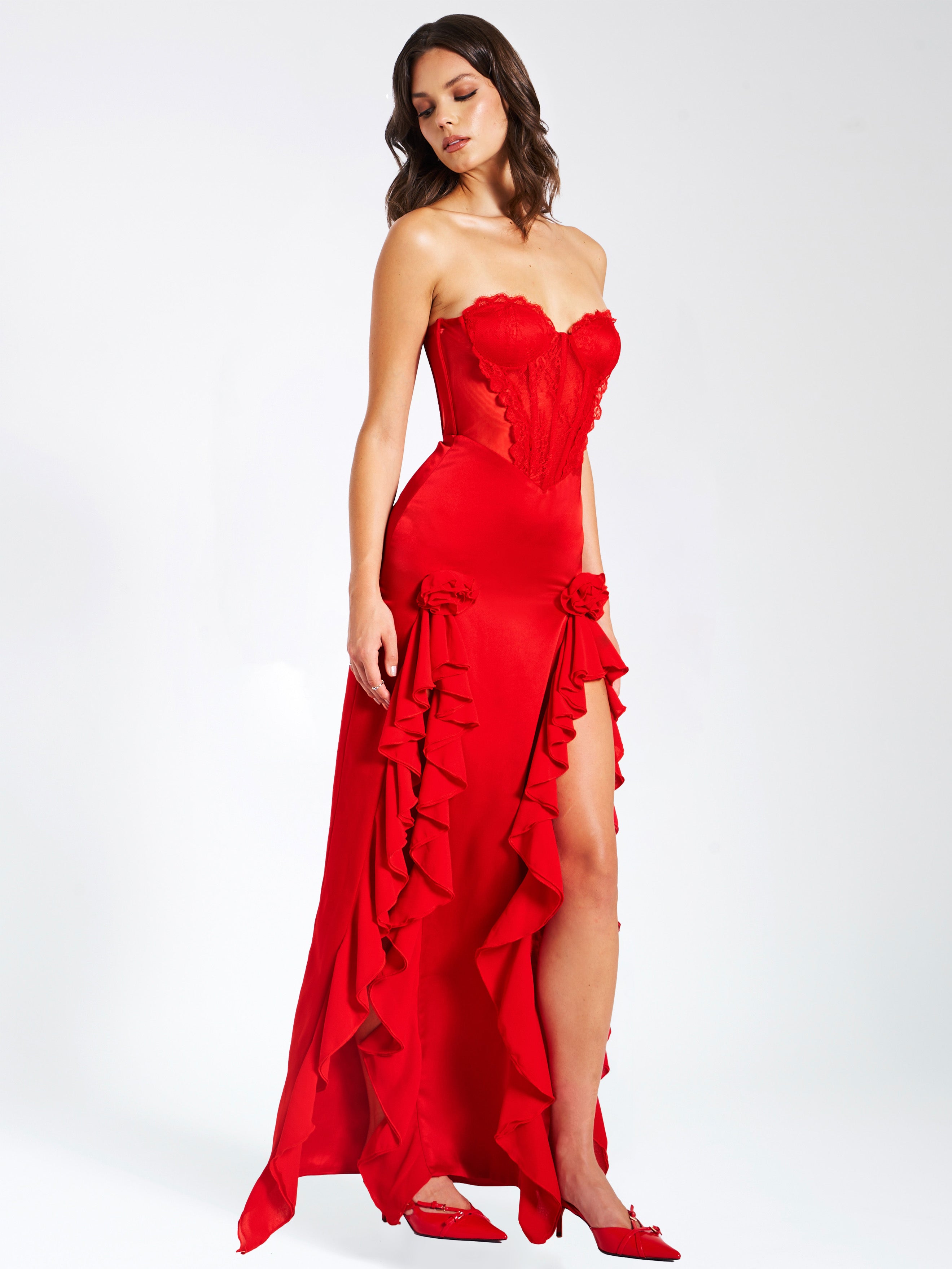 Talia Red Satin Lace Corset Maxi Dress