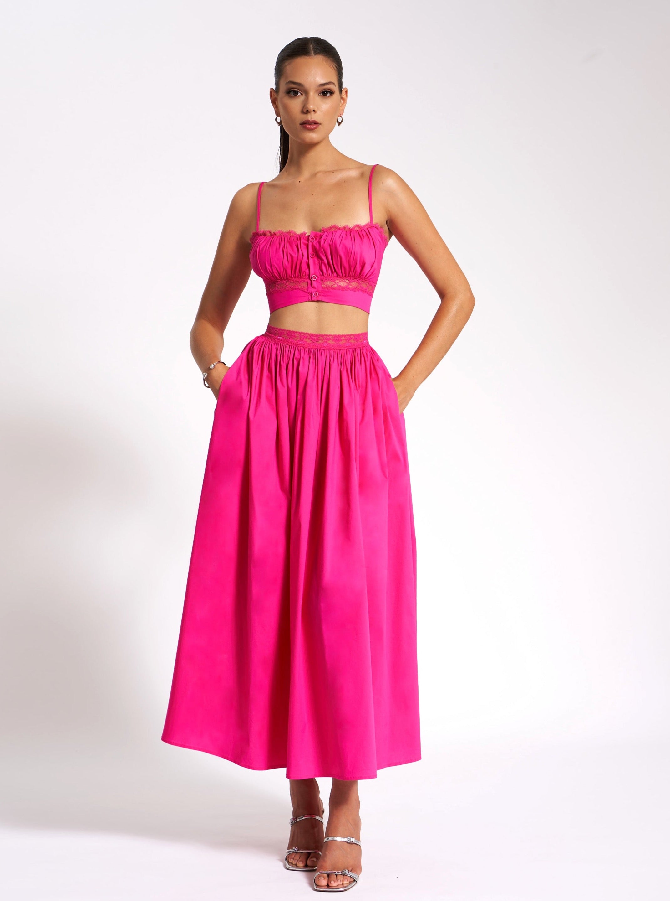 Miss Circle Cotton Poplin Maxi Women Skirt with Lace Trim - Fuchsia Miss Circle Cotton Poplin Maxi Women Skirt with Lace Trim - Fuchsia