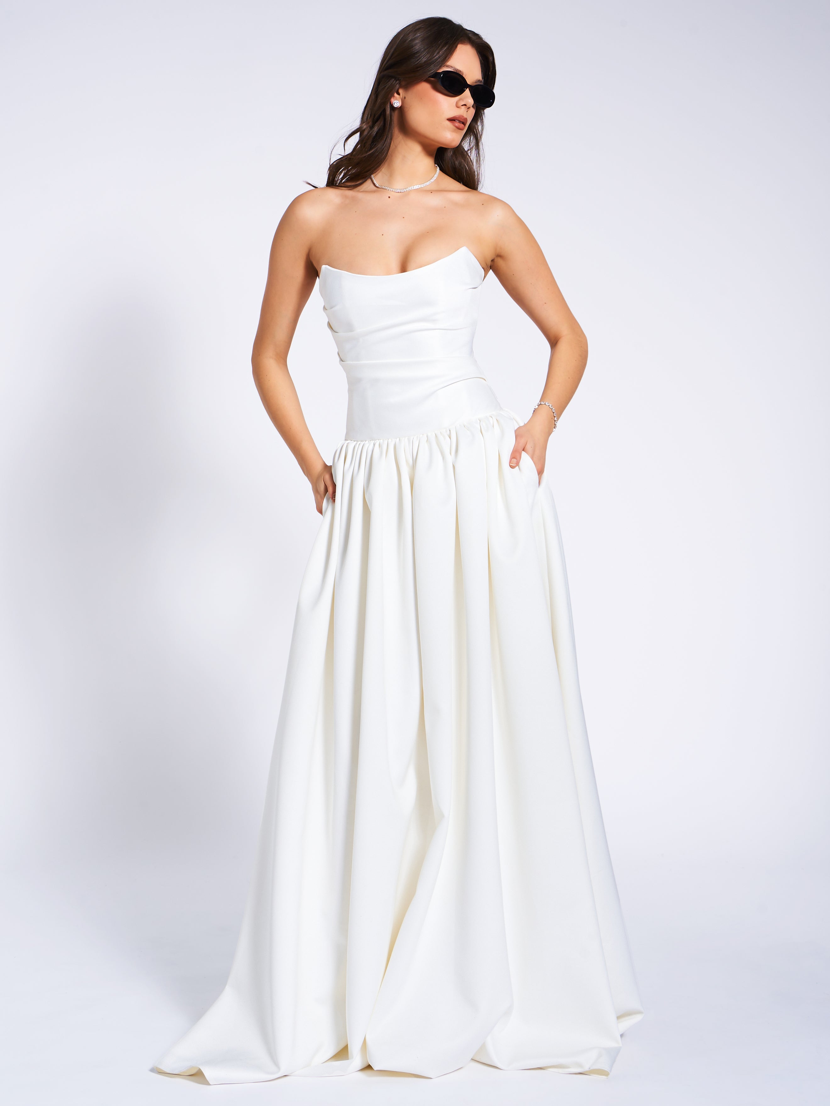 Umay White Drop Waist Satin Corset Bridal Gown