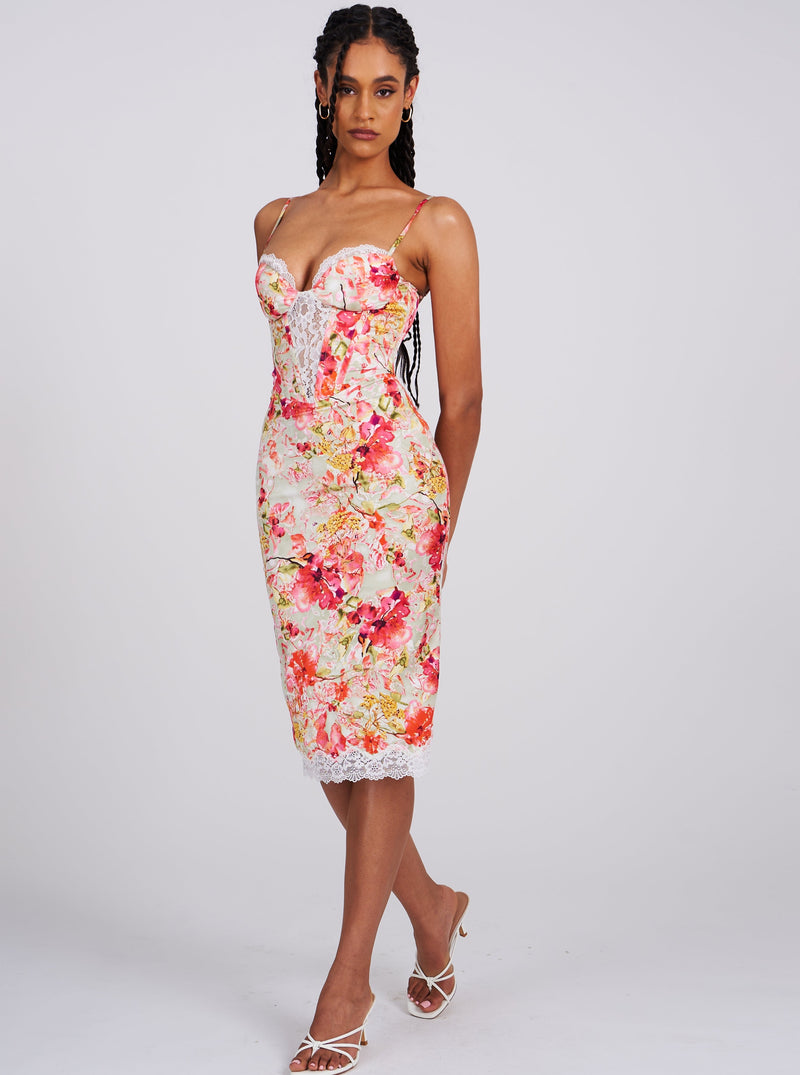 Florianne Red Floral Print Satin Midi Dress With Lace Details