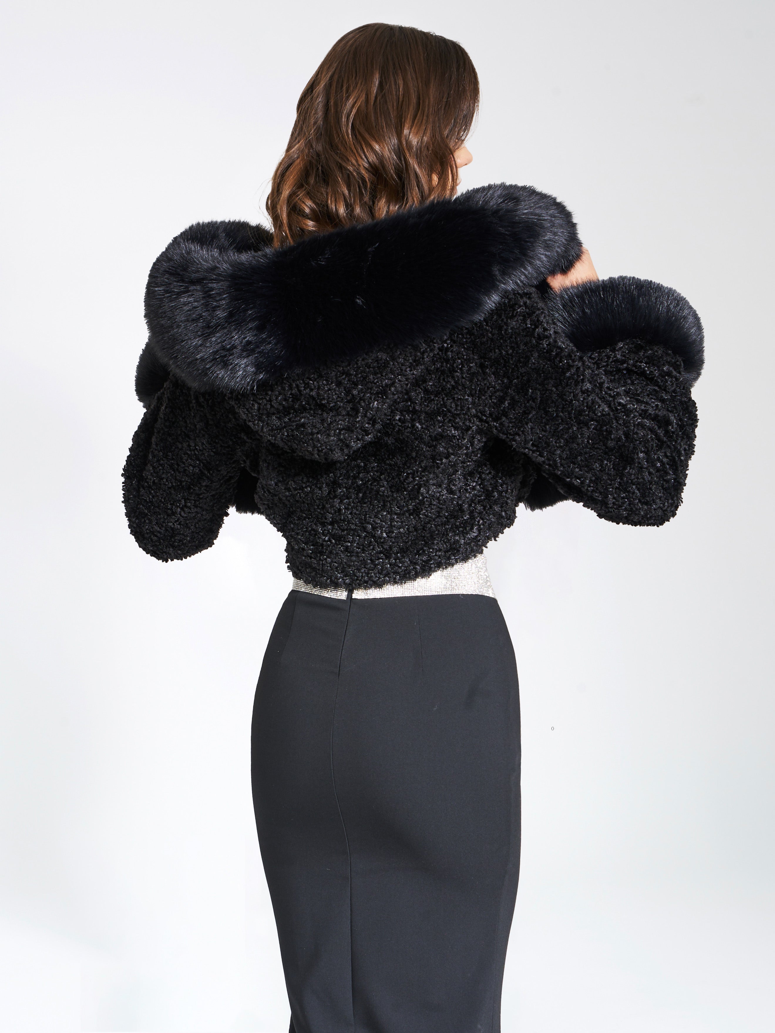 Kali Black Cropped Vegan Fur Jacket With Hood