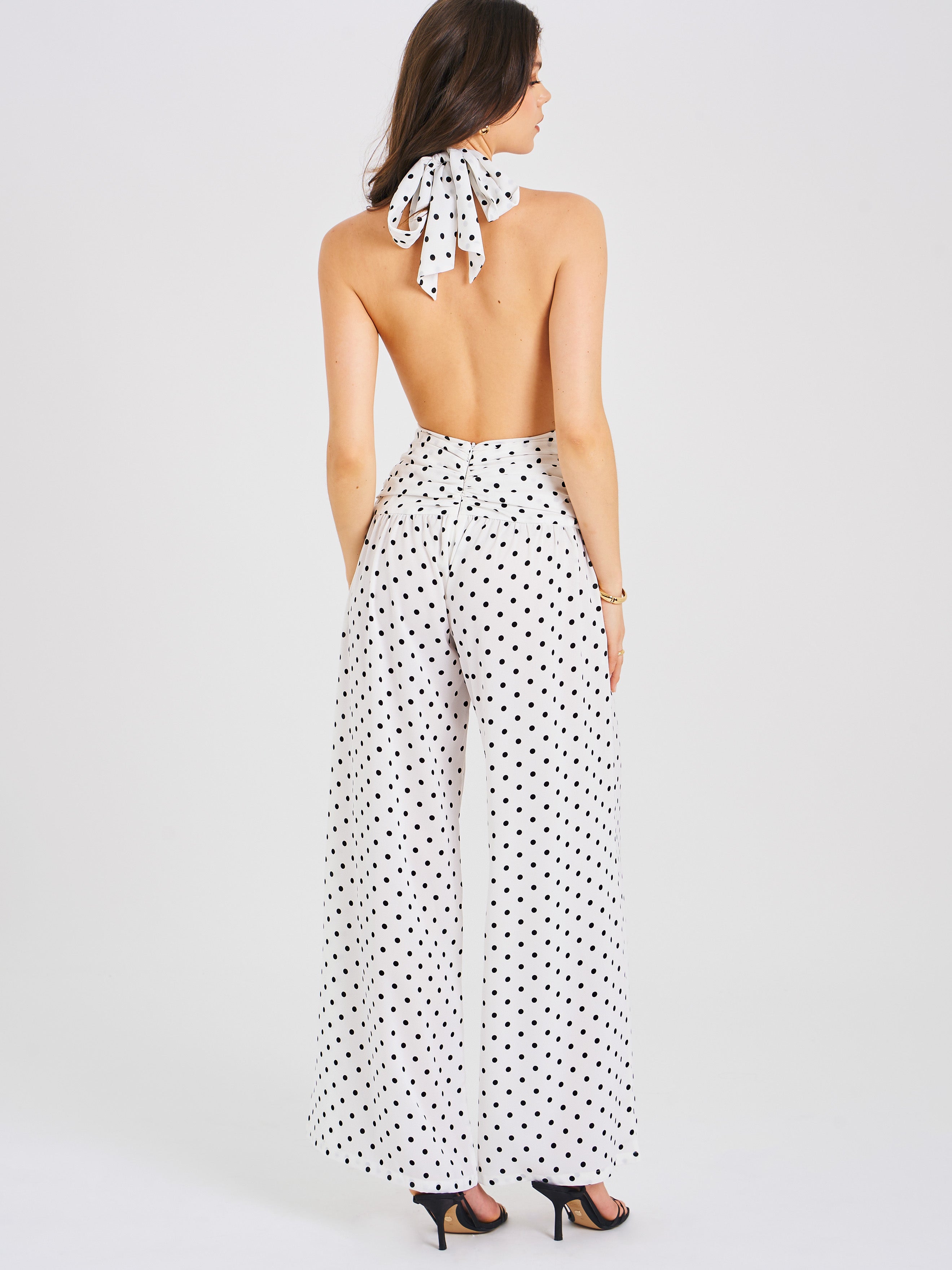 Oriana White Polka Dots Halter Jumpsuit