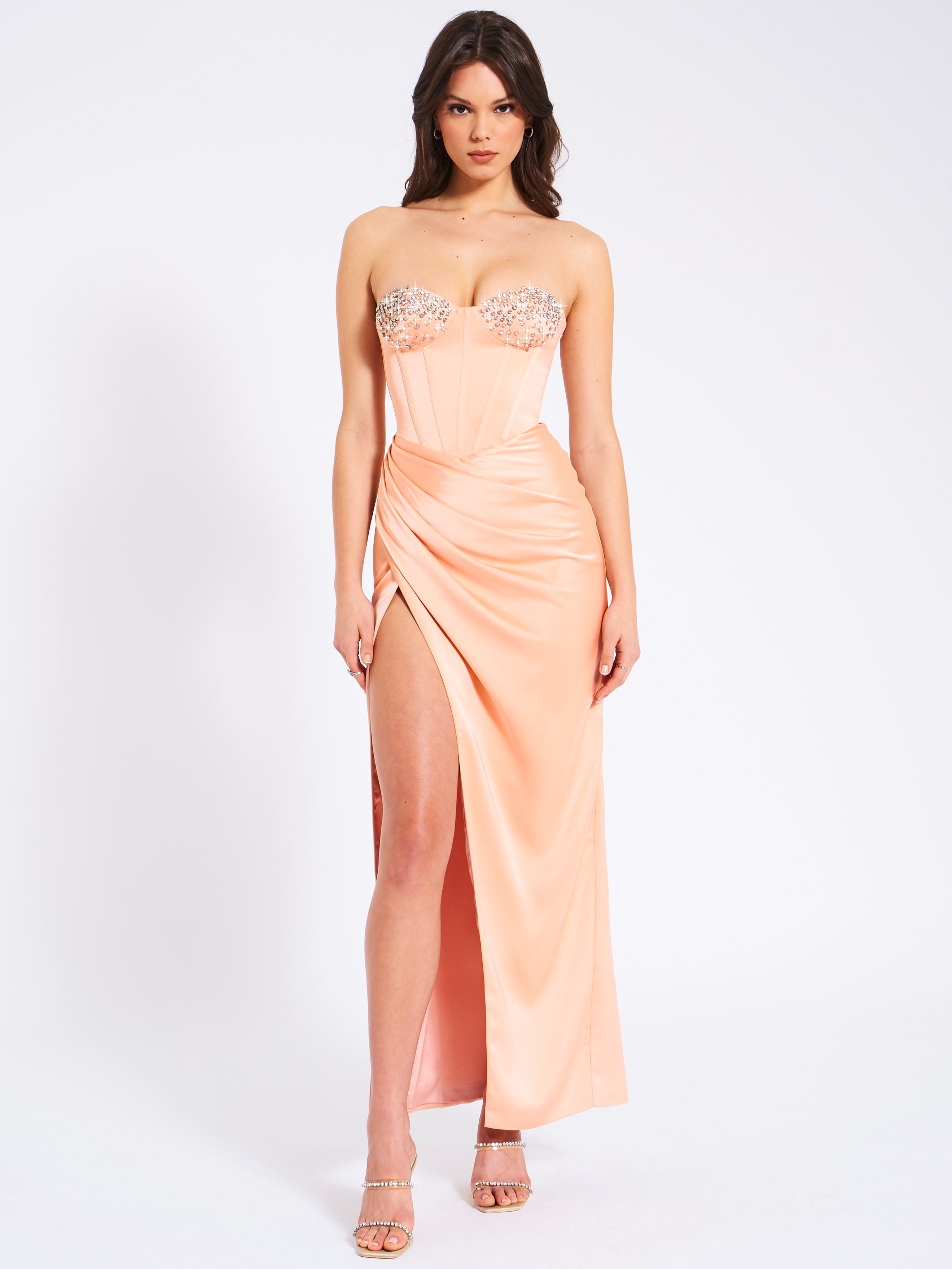 Amelia Blush Satin Corset Slit Gown With Crystal Embellished