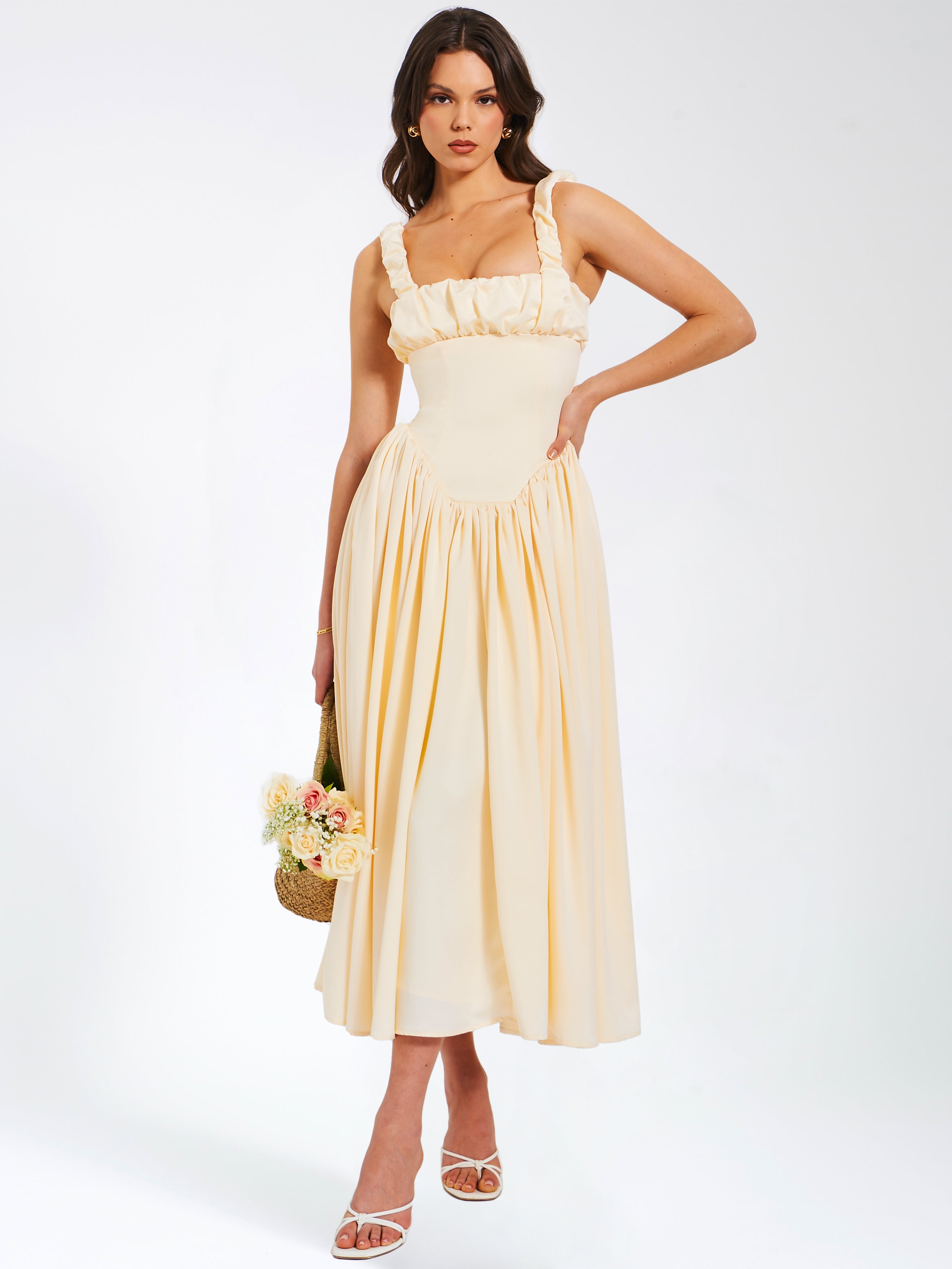 Noreen Egg White Satin Drop Waist Maxi Sundress