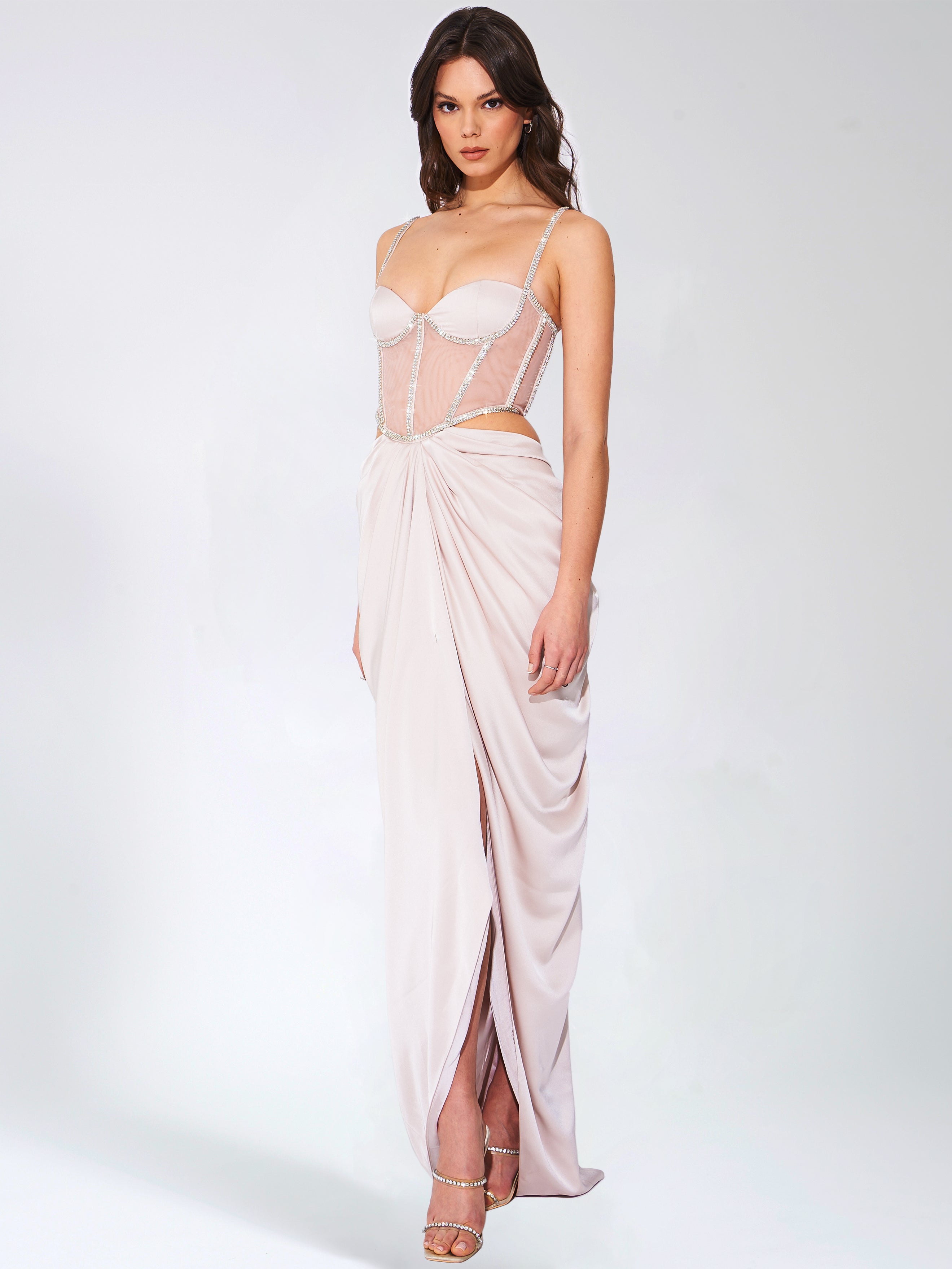 Cadence Champagne Satin Crystal Embellished Corset Dress